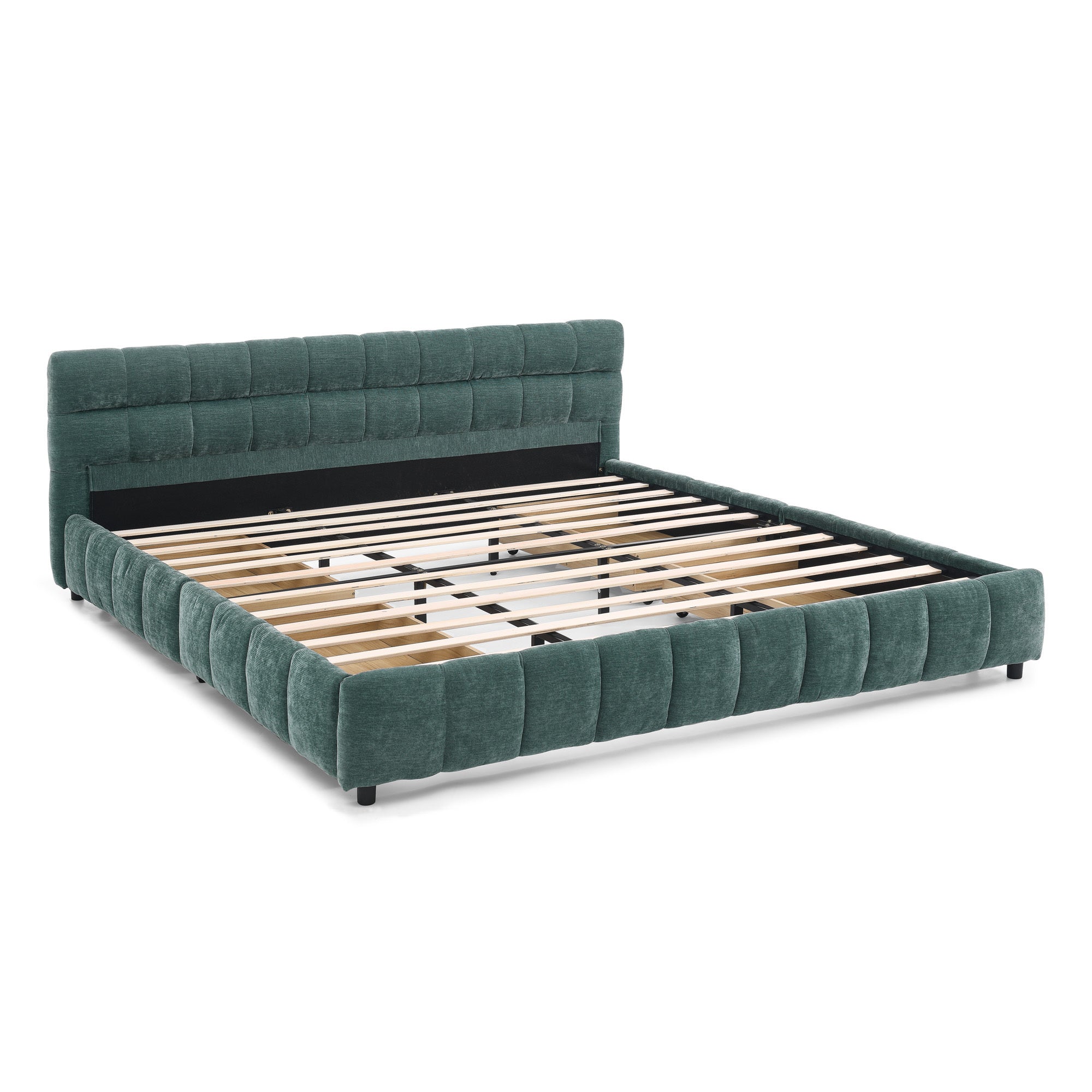 Front view of blue-green bed frame with wood slat base exposed