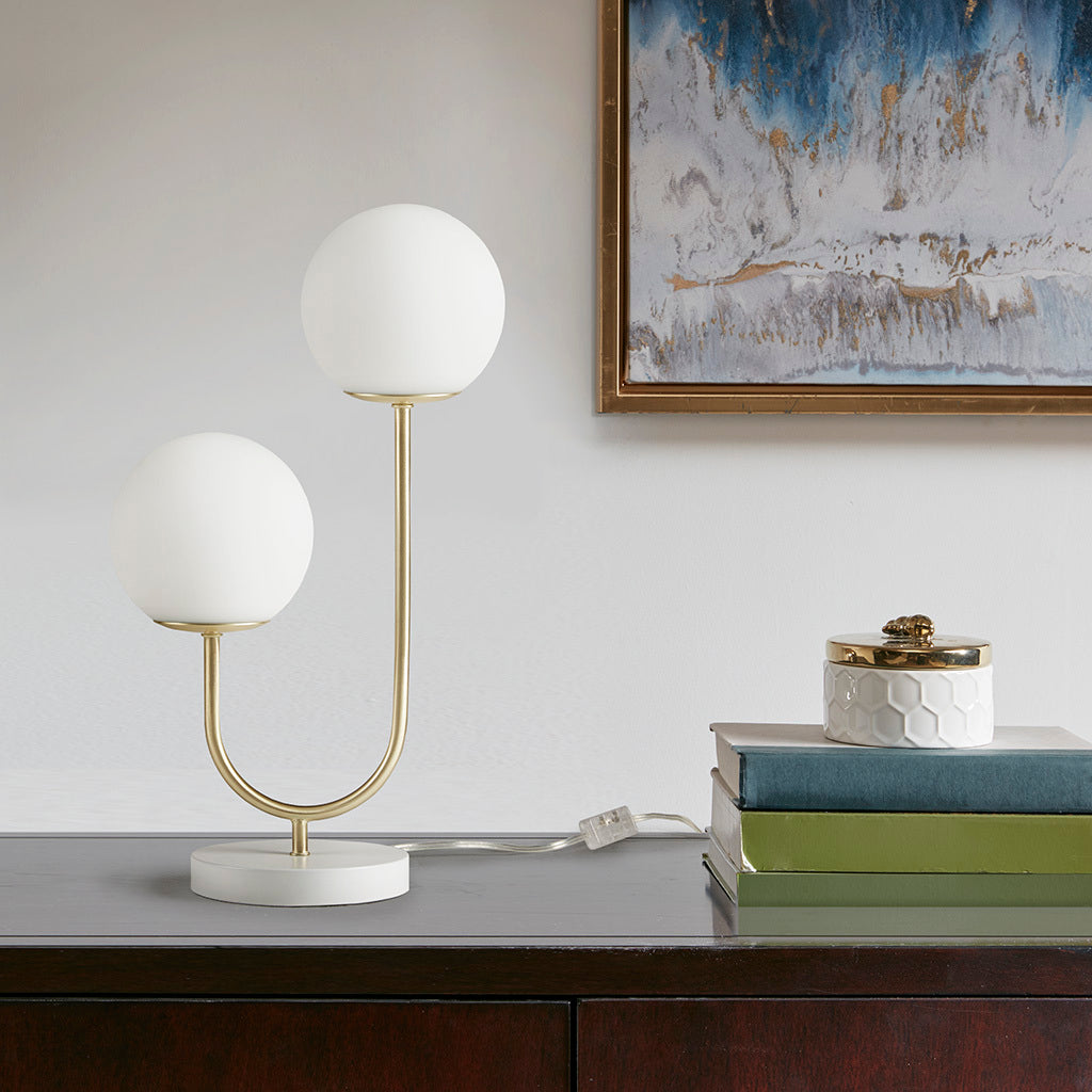 Table Lamp, 2-Light Glass Shade, Gold and White Finish