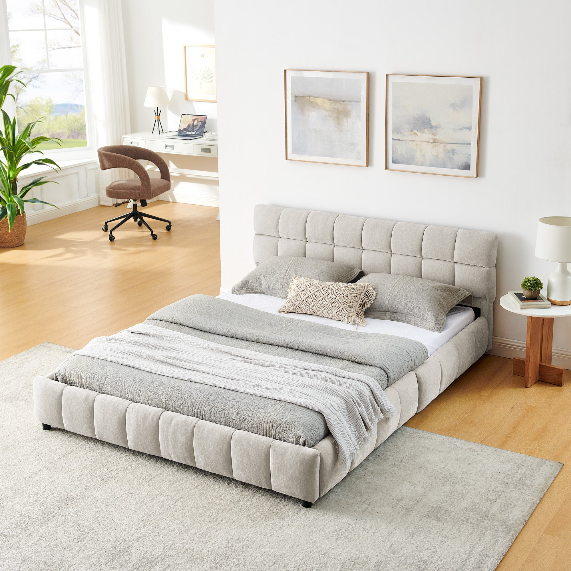 Front view of the beige chenille queen bed with all roller storage drawers pulled open along the sides