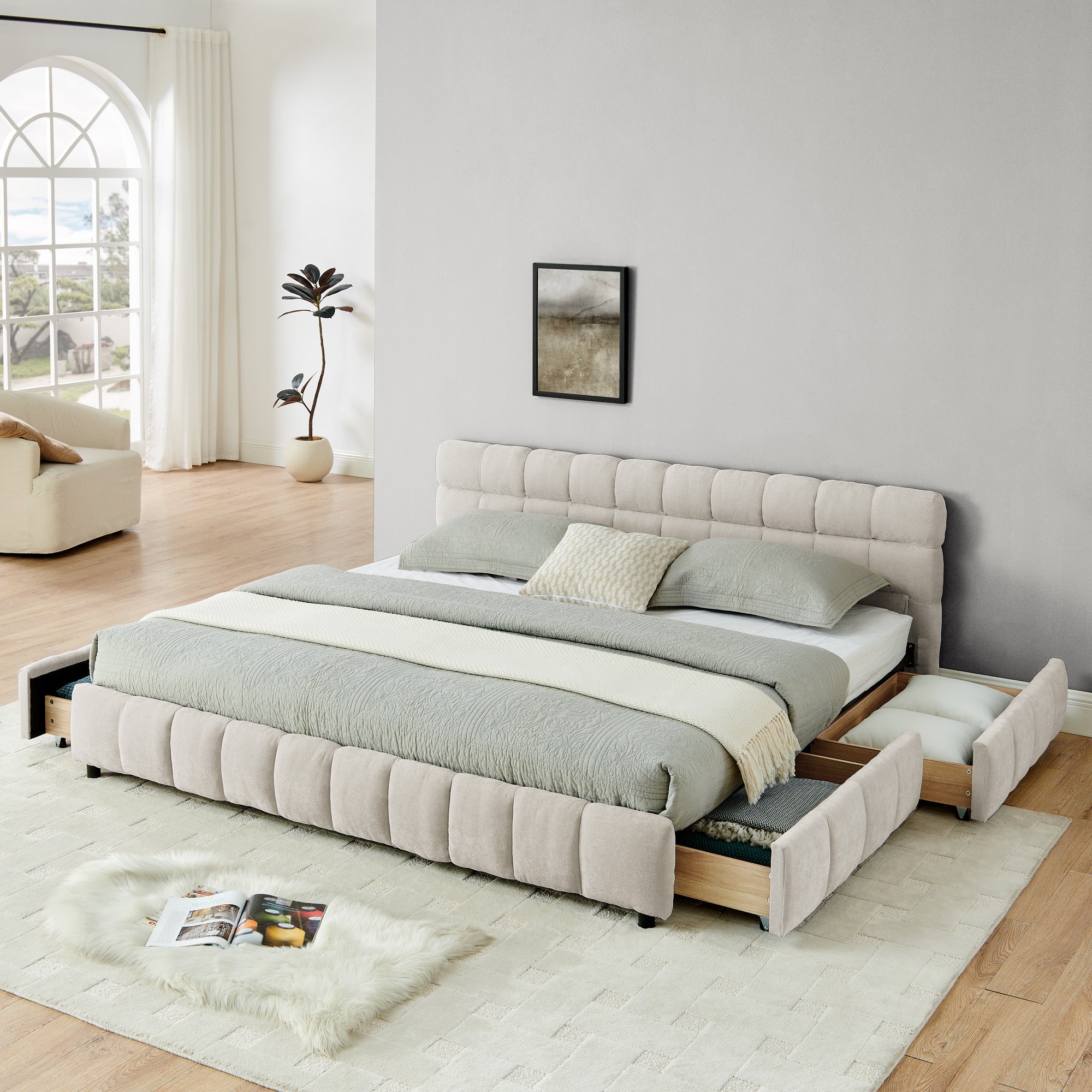 Beige chenille king bed frame on white background with drawers open