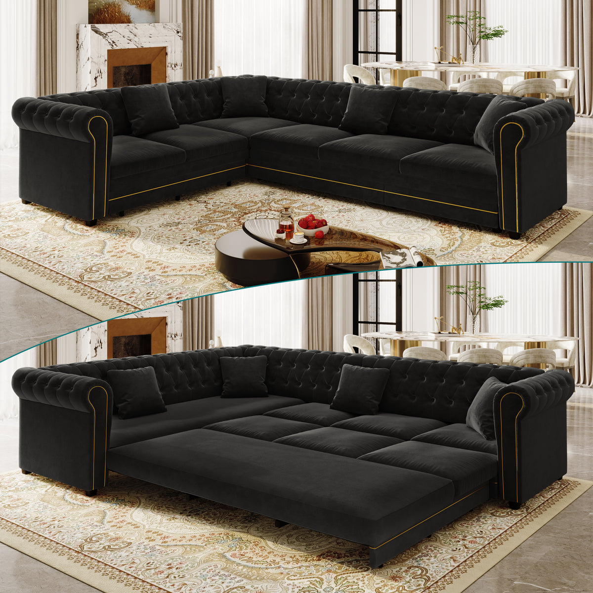 Black Velvet L-Shaped Sleeper Sectional, Deep Seat, 115.3 in Wide