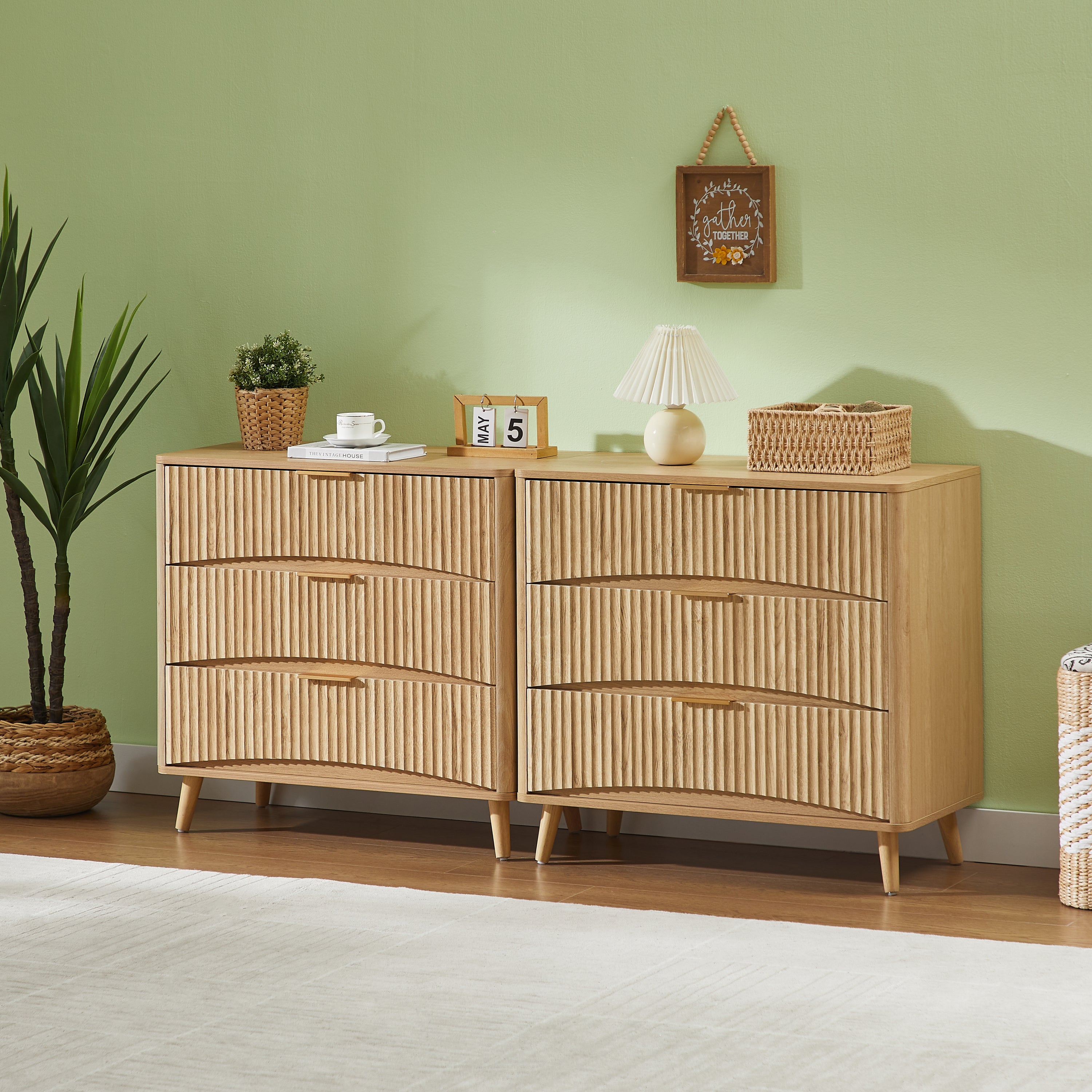 Fluted 3 Drawer Dresser Set of 2, Oak Finish