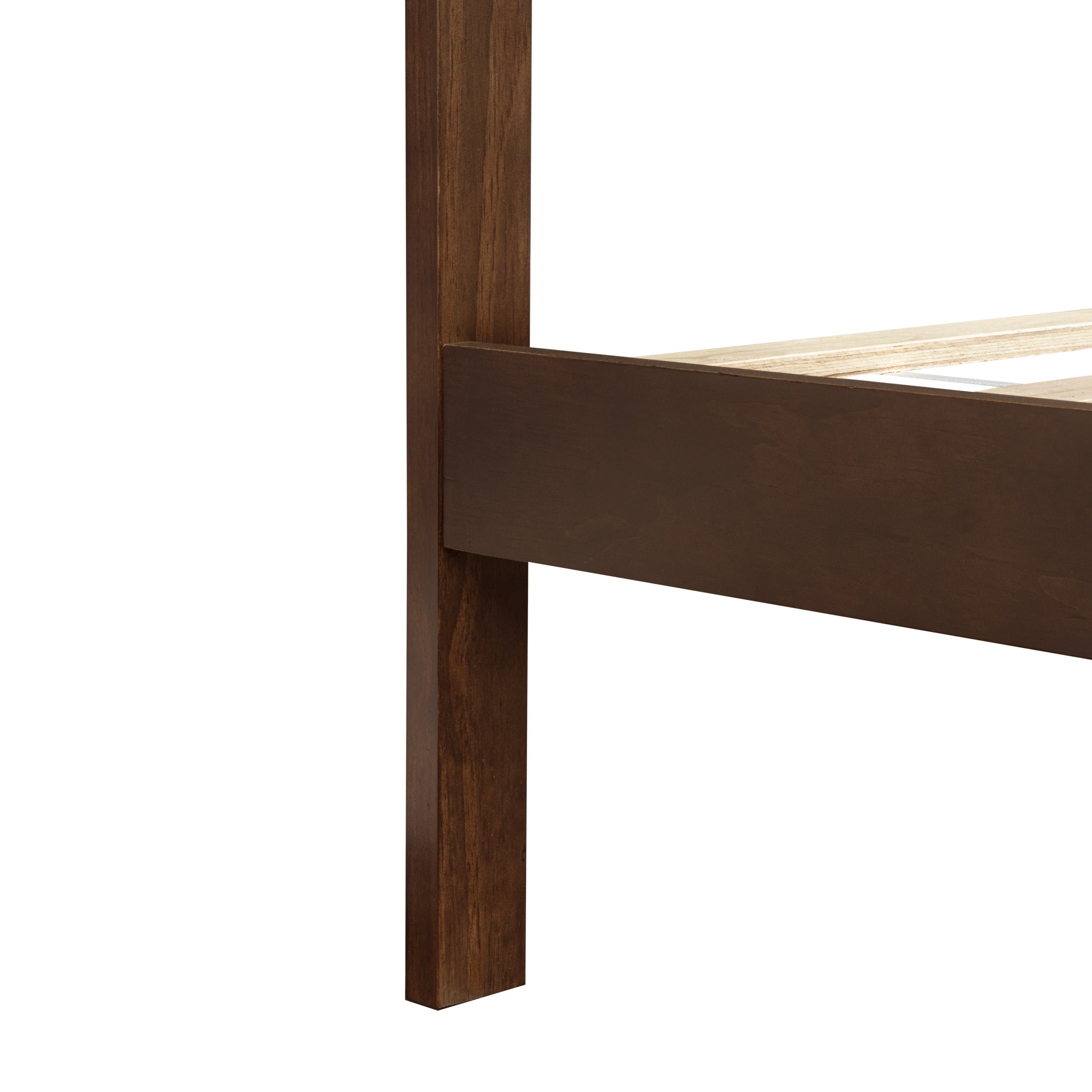 Closeup of rich brown bed frame leg and side rail #Color_Rich Brown