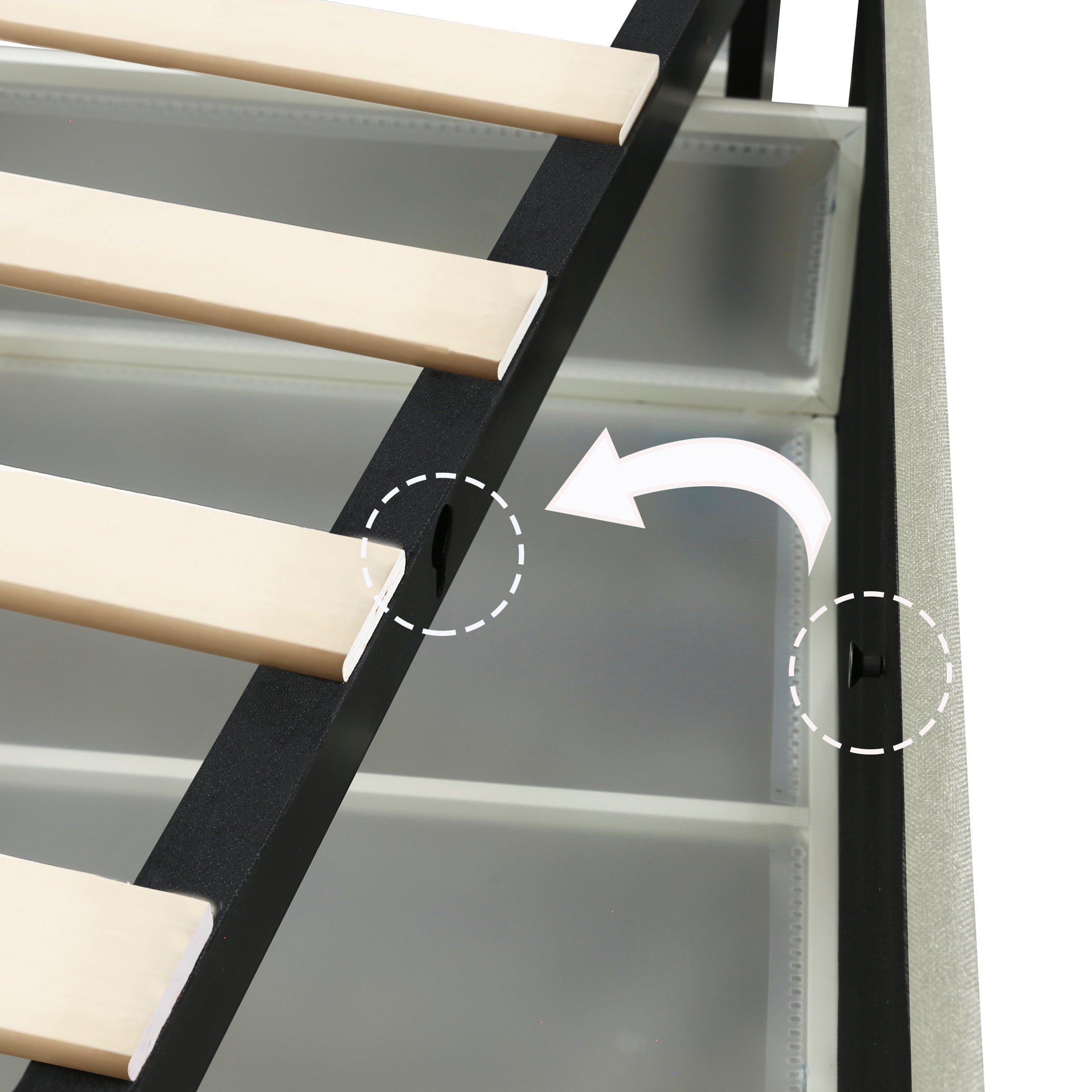 Close-up of the wood slats on the black metal frame above the plastic-lined side storage drawers