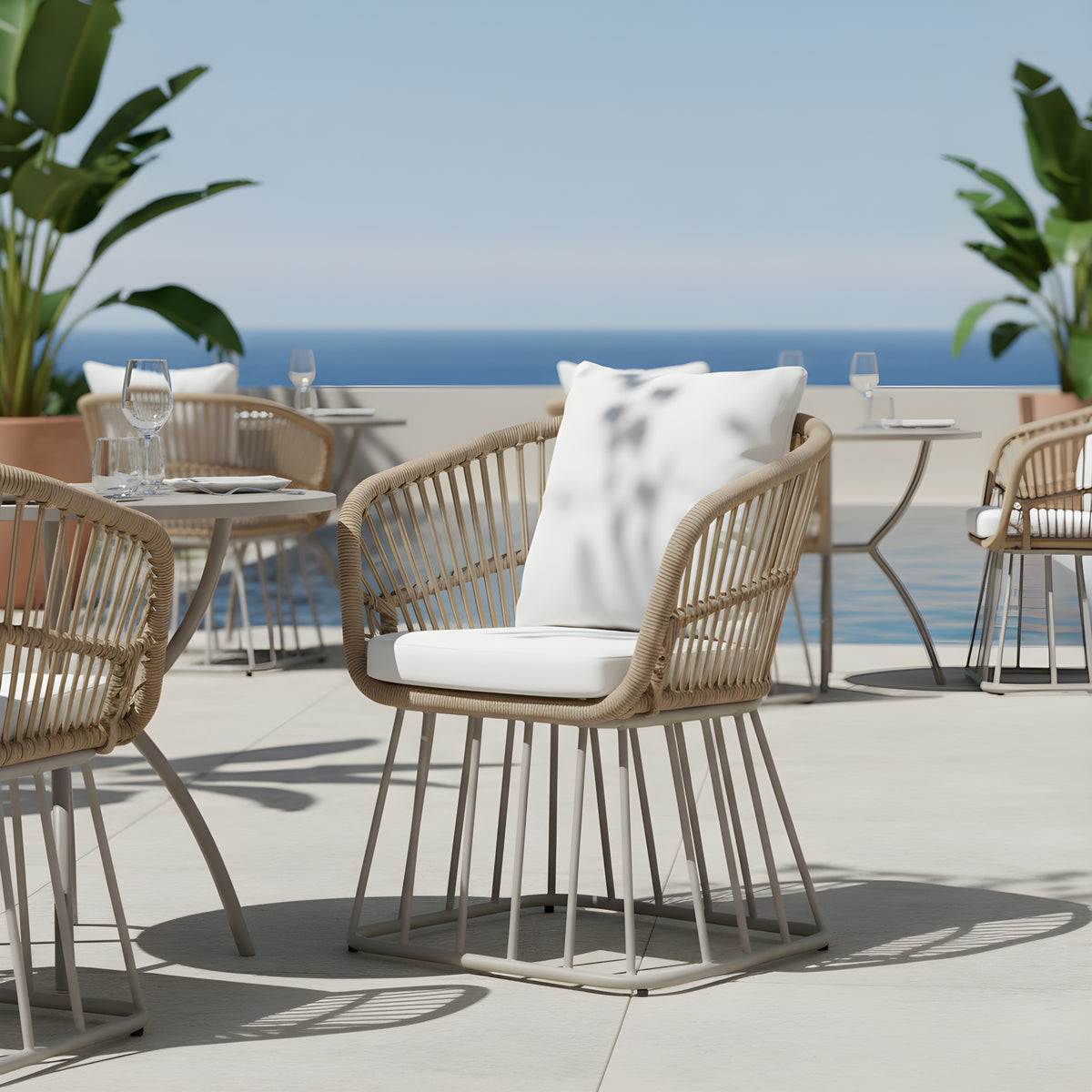 Beige Metal Outdoor Dining Chair with Cushion