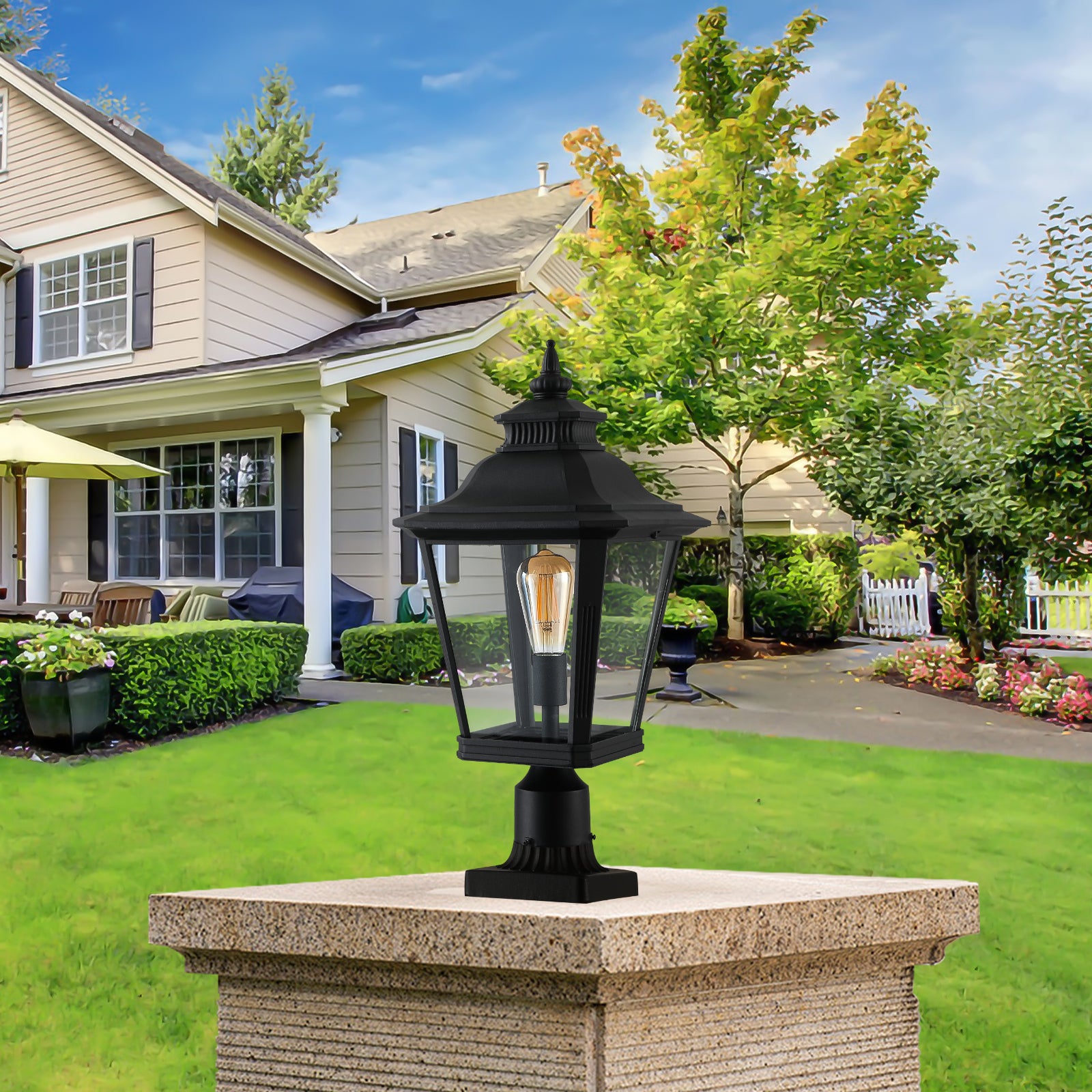 Post Lantern with Clear Glass Shade, Black Aluminum