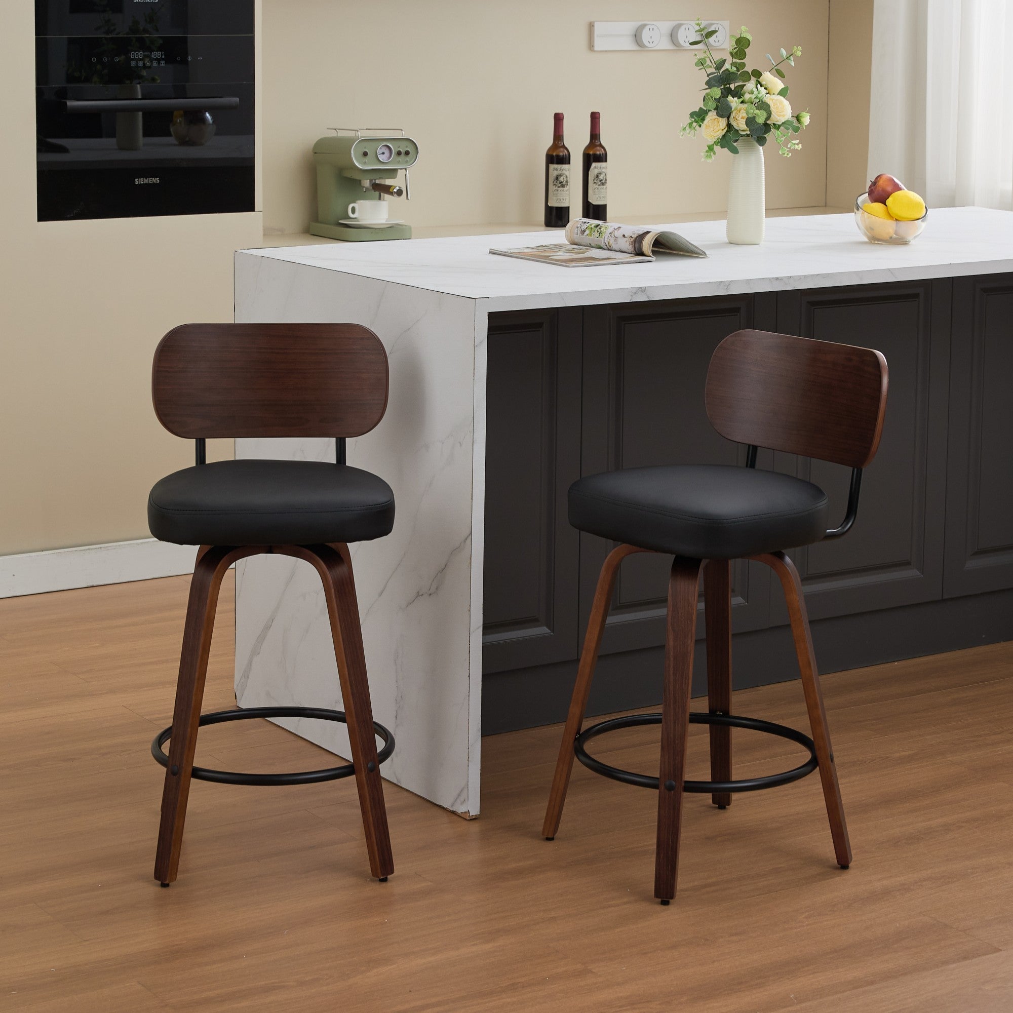 Counter Stool Set of 2, Swivel Vegan Leather, Walnut Back, Black