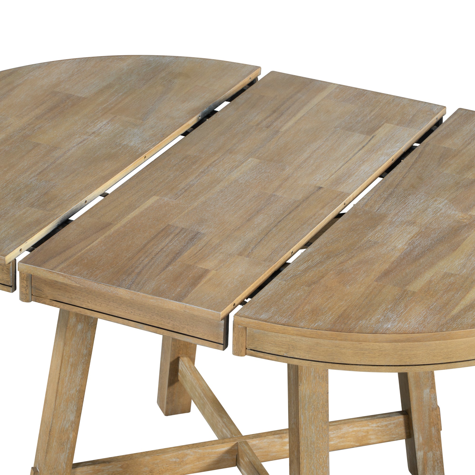Overhead flat view of the round natural oak tabletop with a center seam and light wood grain