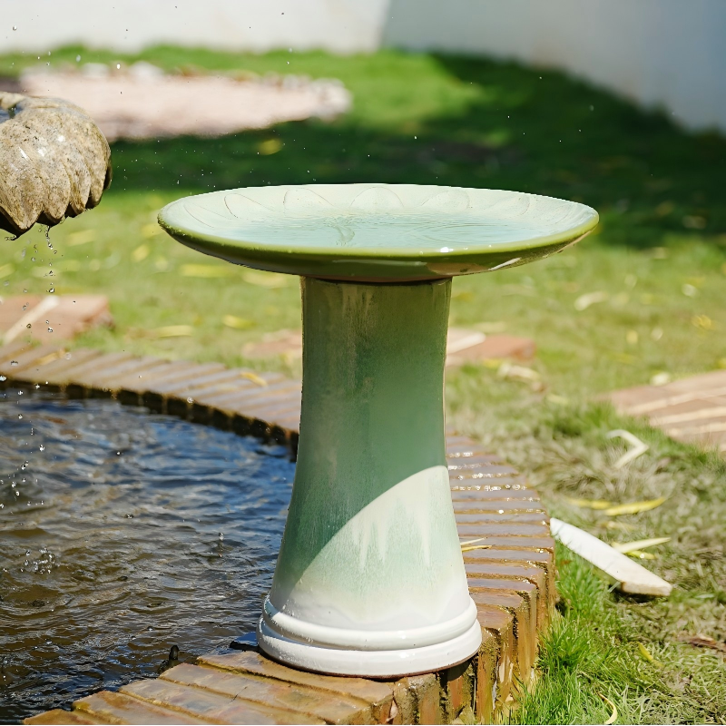 Green Ceramic Bird Bath, Daisy Pattern