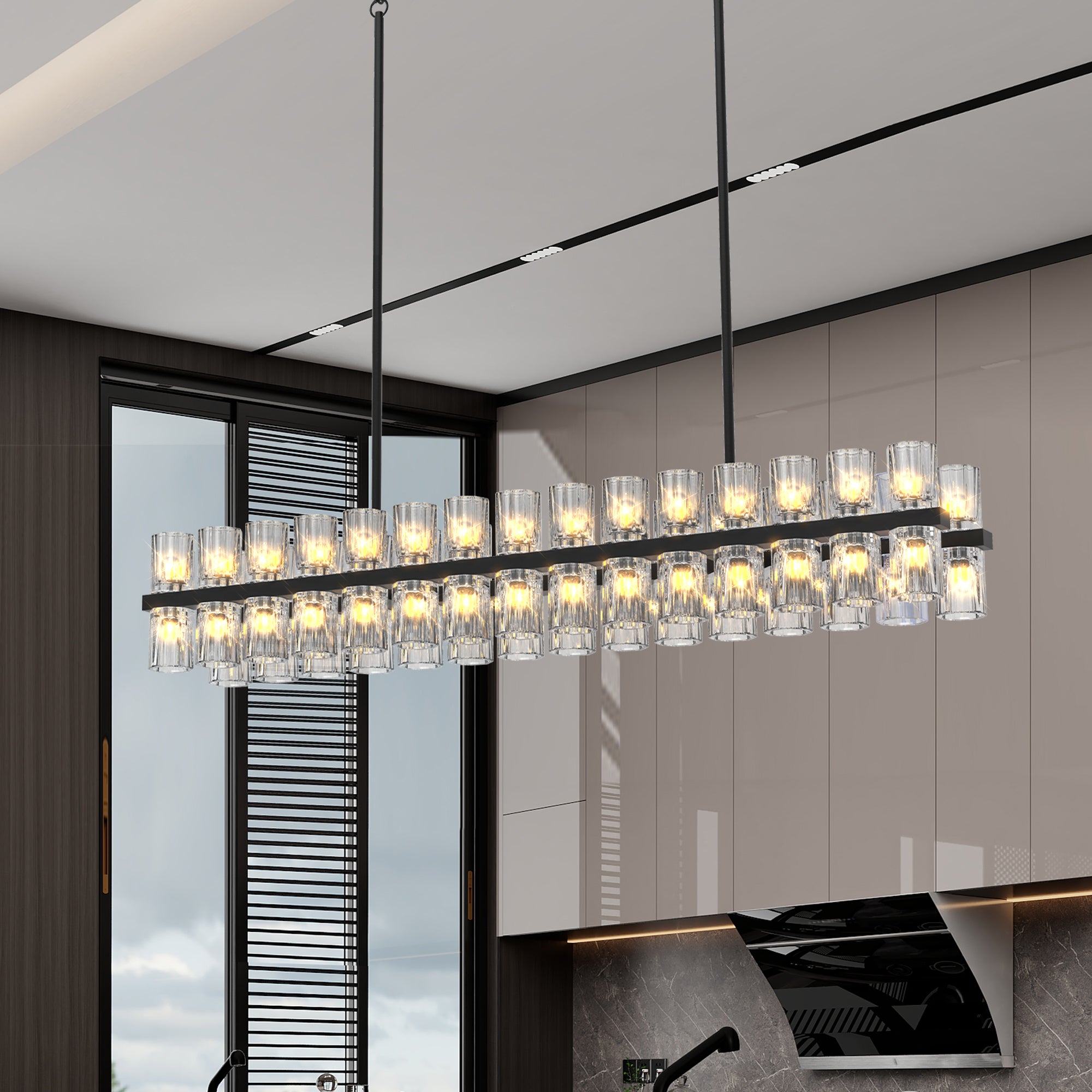 60-Light Rectangular K9 Crystal Chandelier, Black Iron