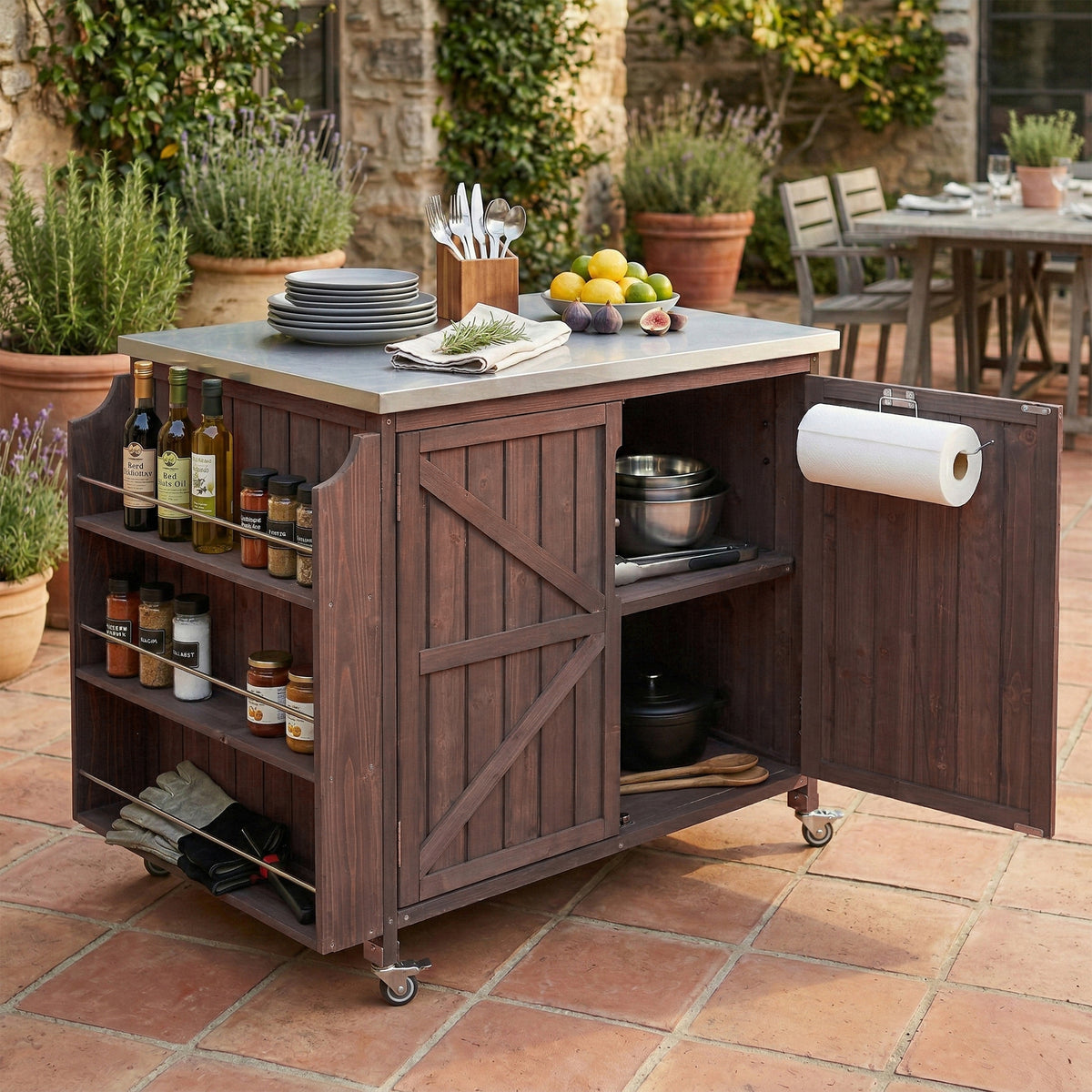 Dark Brown Outdoor Kitchen Island with Wheels