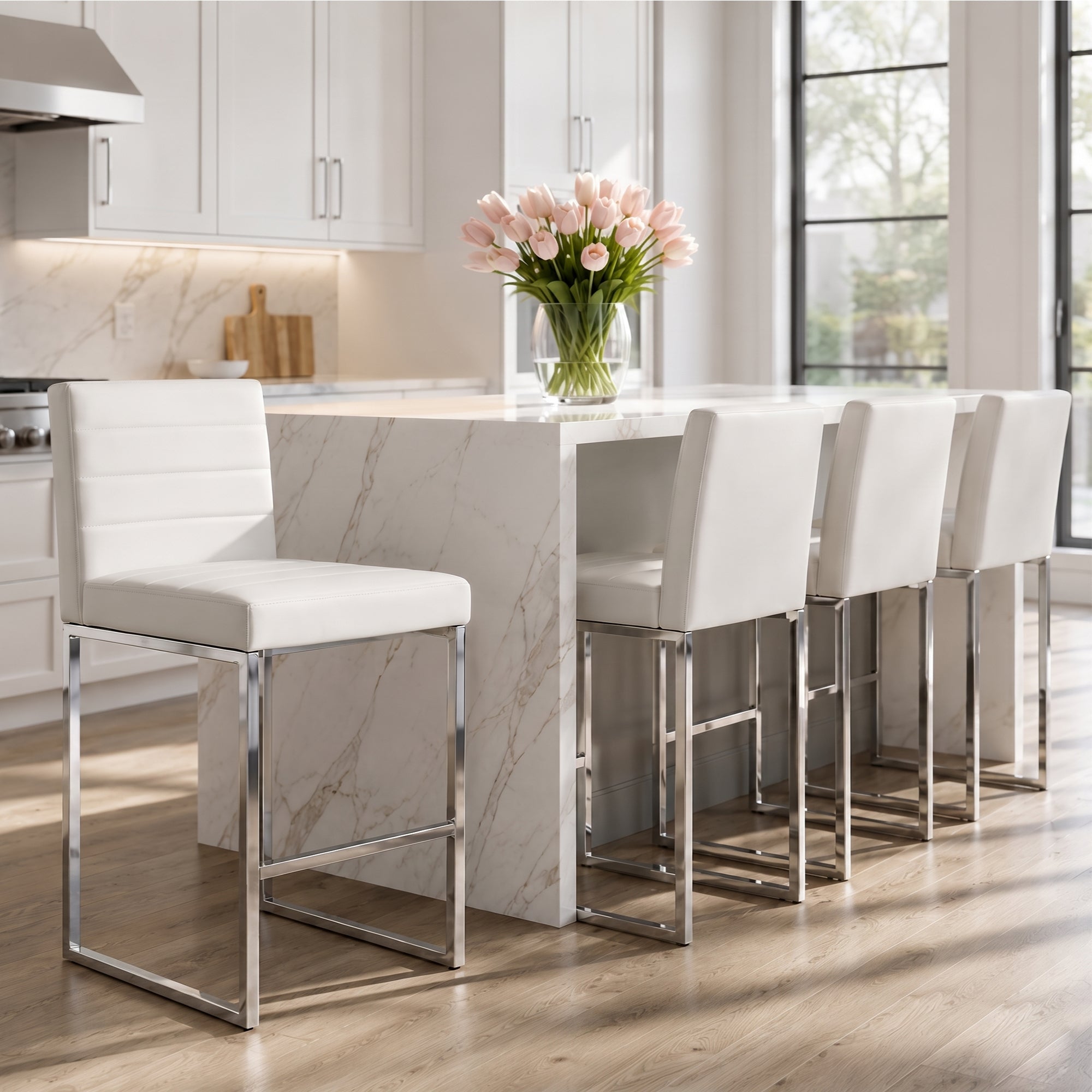 Counter Height Bar Stools Set of 4, White PU, Metal Legs