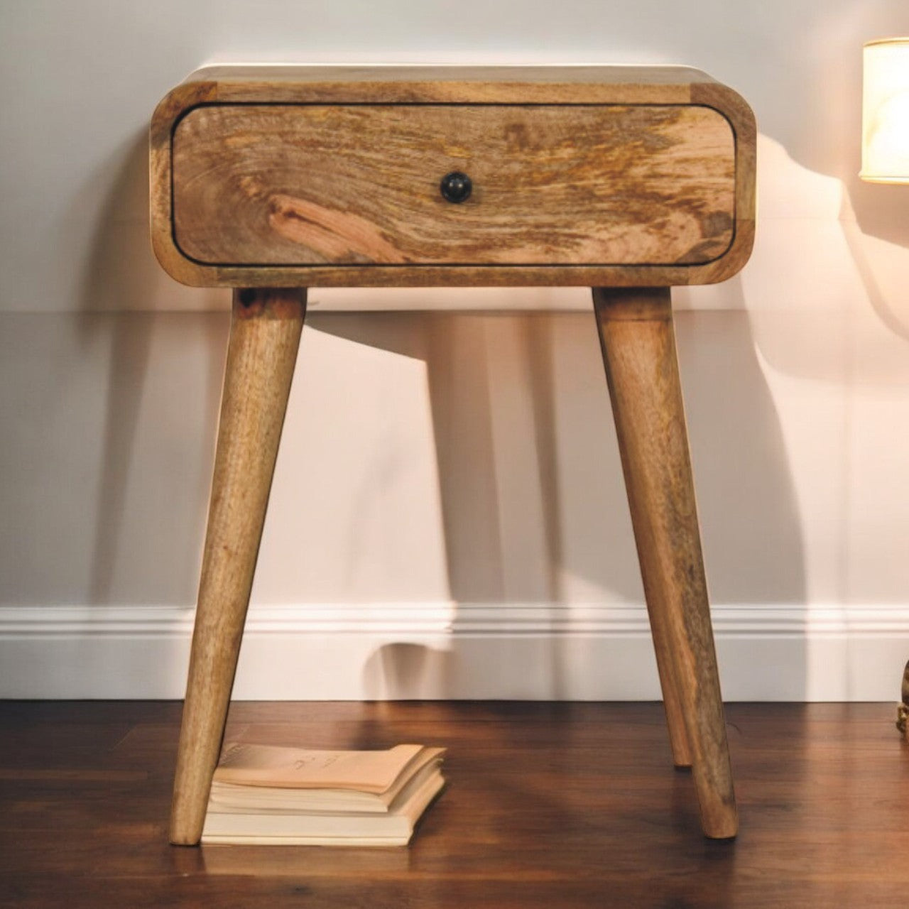 Low Profile Nightstand, 1 Drawer, Solid Mango Wood, Oak Finish