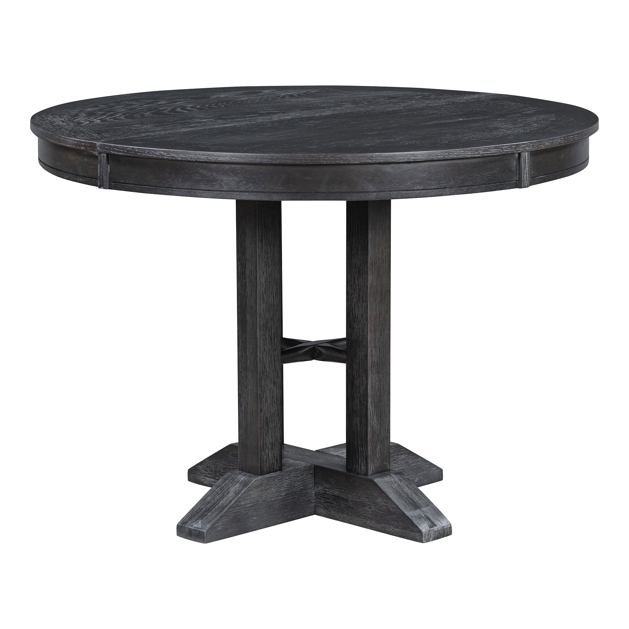 Black round dining table, straight-on profile on white studio background