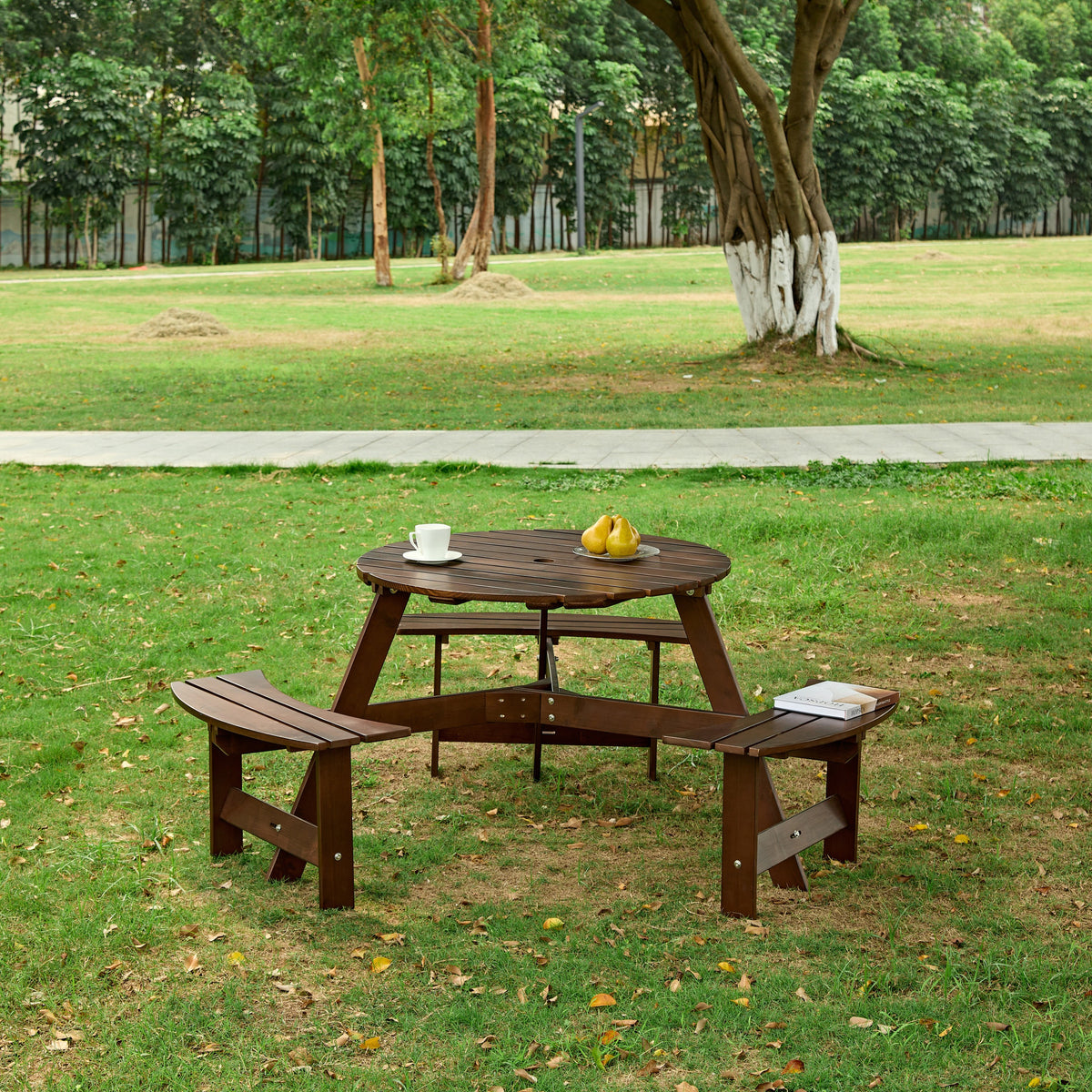 Brown Wood Round Picnic Table for 6 with Umbrella Hole