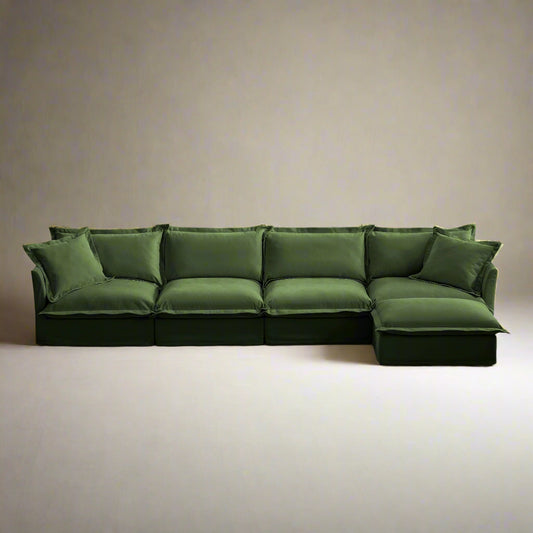 Fluffy Chenille 4-Seat Couch – Olive with Ottoman, Washable