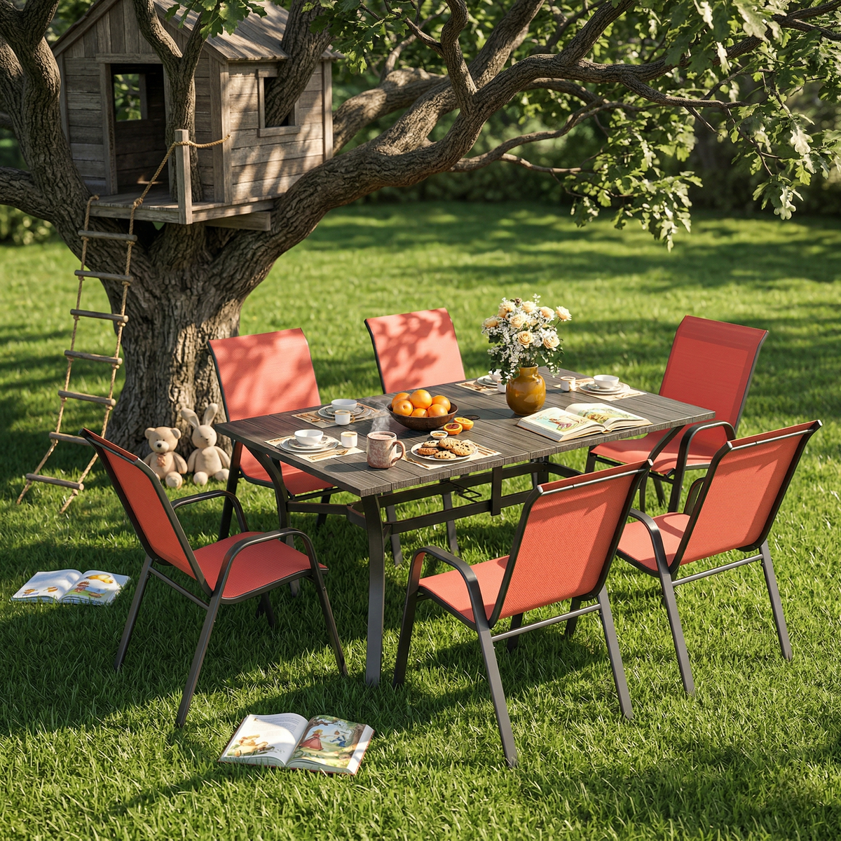 Metal 7-Piece Patio Dining Set for 6 with Umbrella Hole, Black and Red