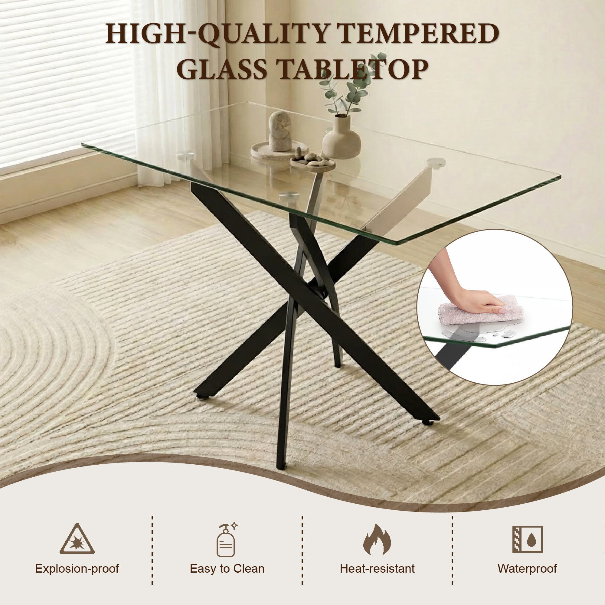 Tempered glass tabletop graphic noting explosion-proof, heat-resistant, waterproof and easy to clean