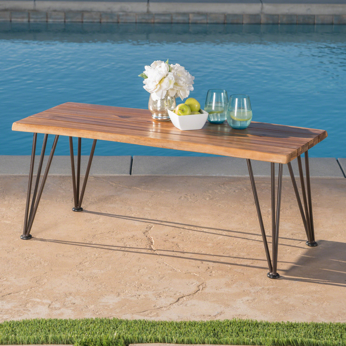 Teak Finish Outdoor Coffee Table, 43 in Wide