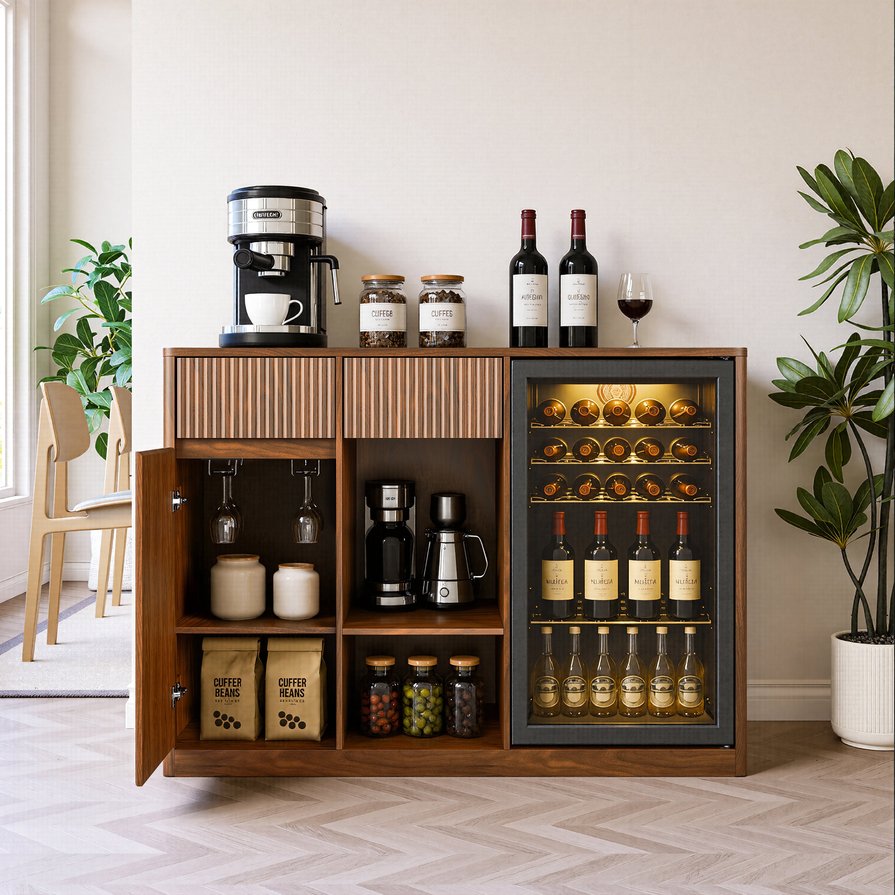 Fluted Bar Cabinet with Fridge Space, Walnut, 2 Drawers & Shelves