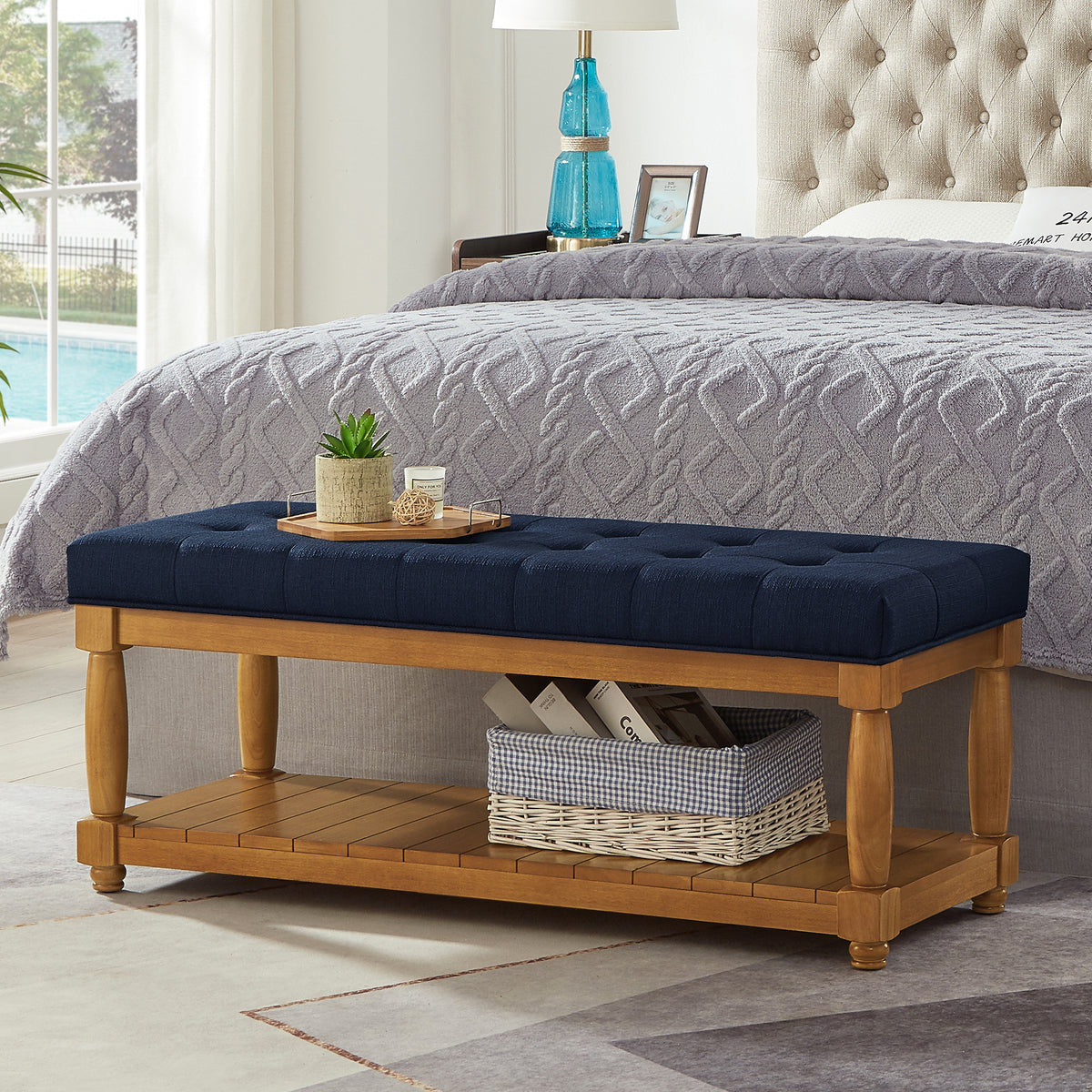 Navy Blue Linen Entryway Bench, 44.3 in Wide