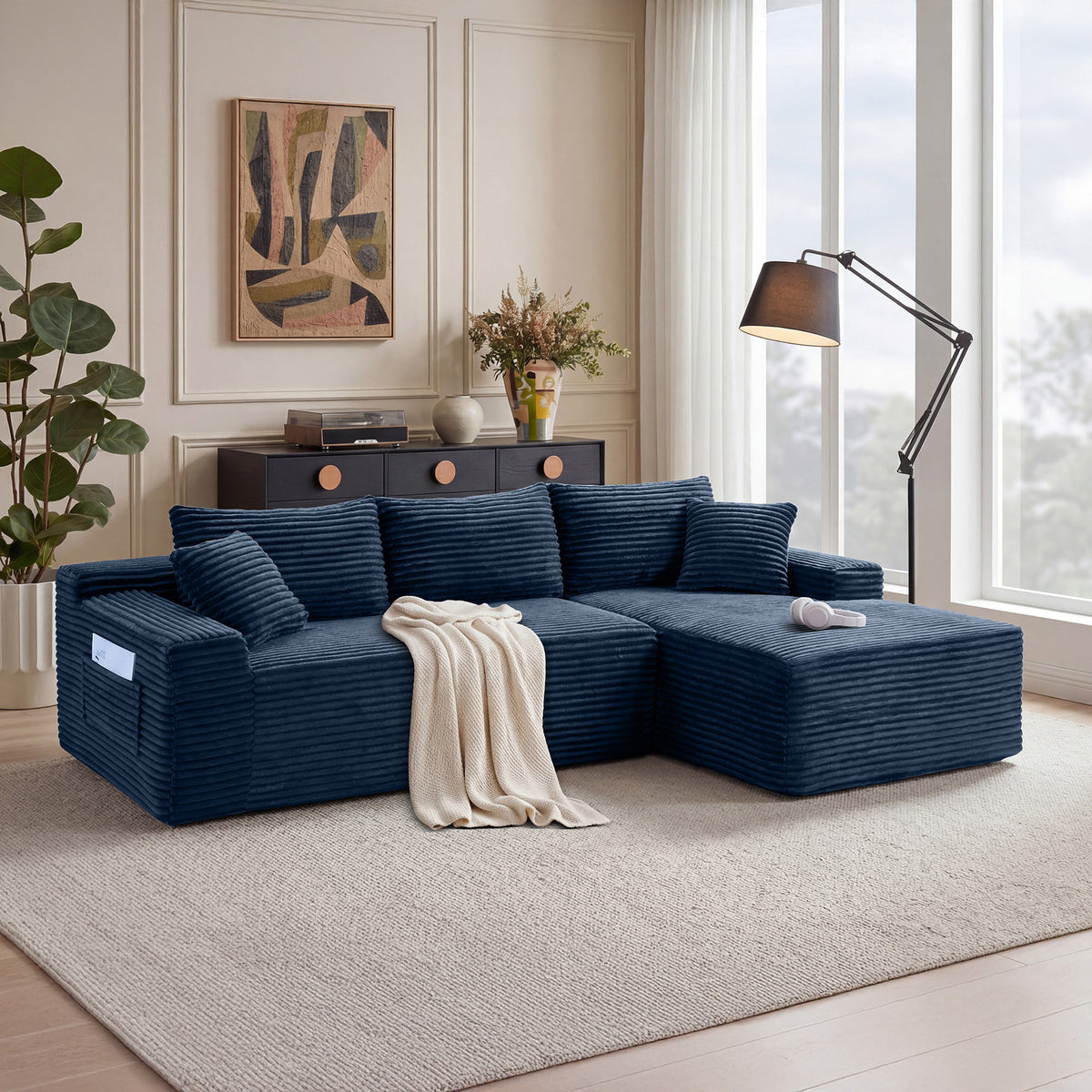 Blue Corduroy L-Shaped Modular Sectional, 94.5 in Wide, Right-Facing