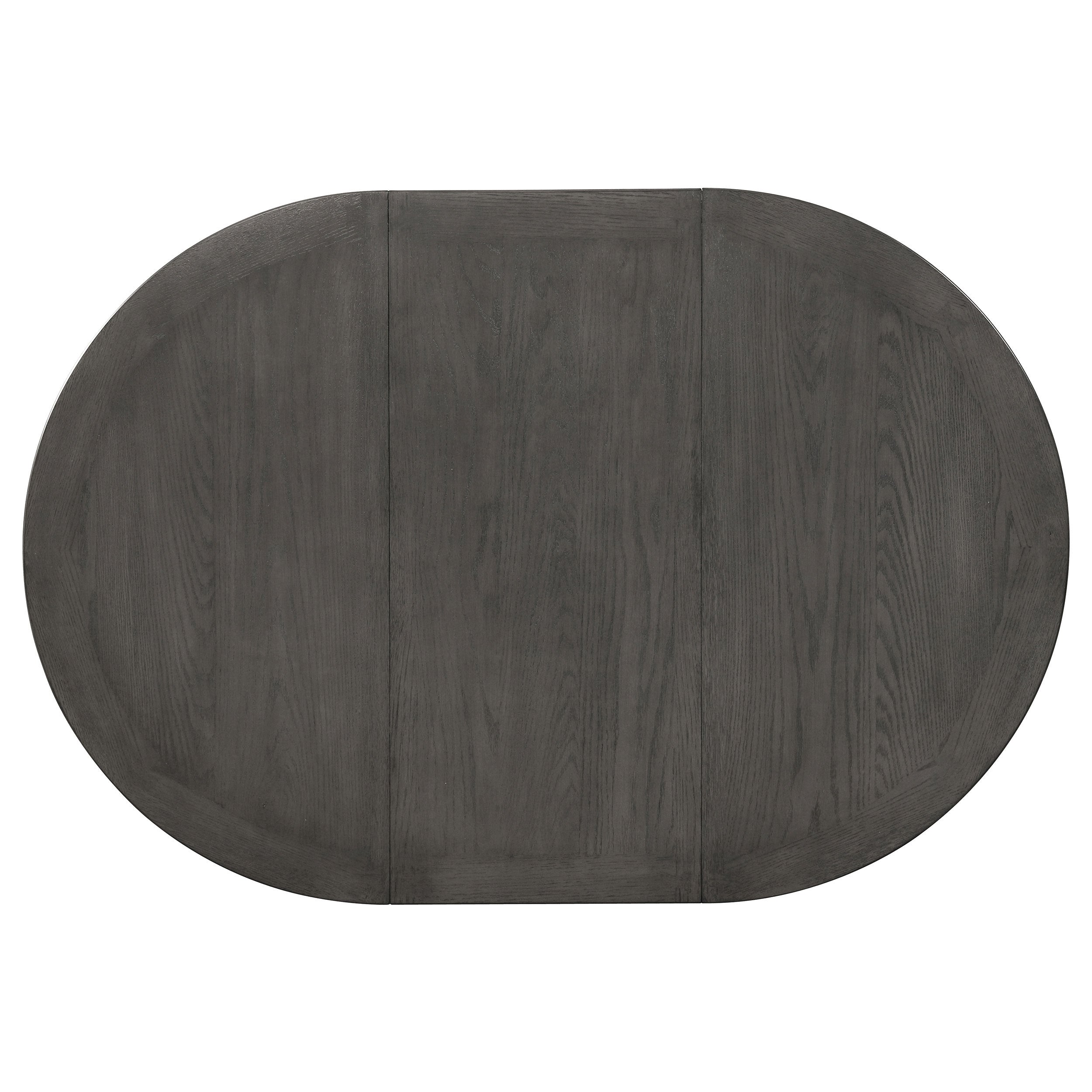 Overhead view of the grey oval tabletop