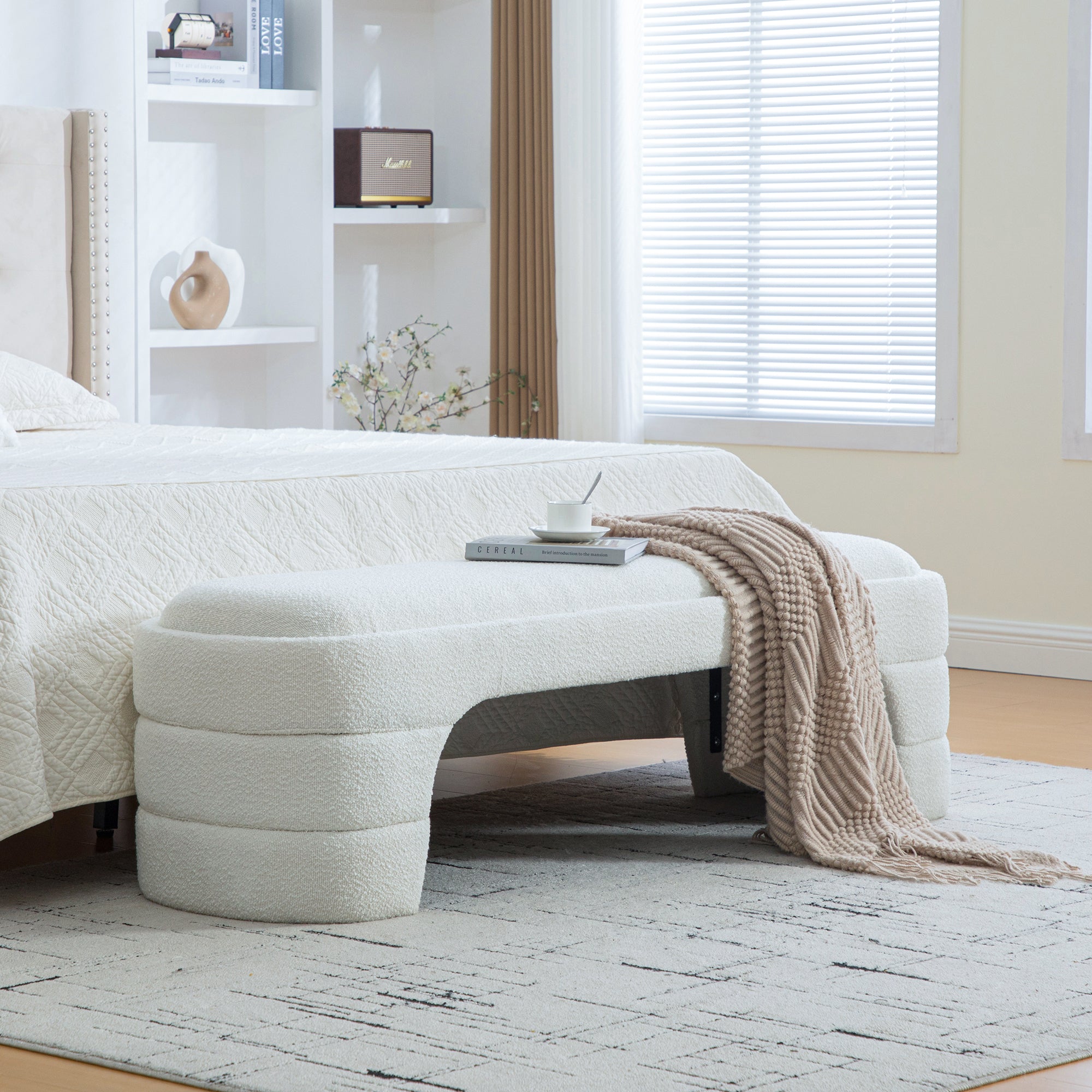 Upholstered Bench, White Boucle, Armless Curved Base