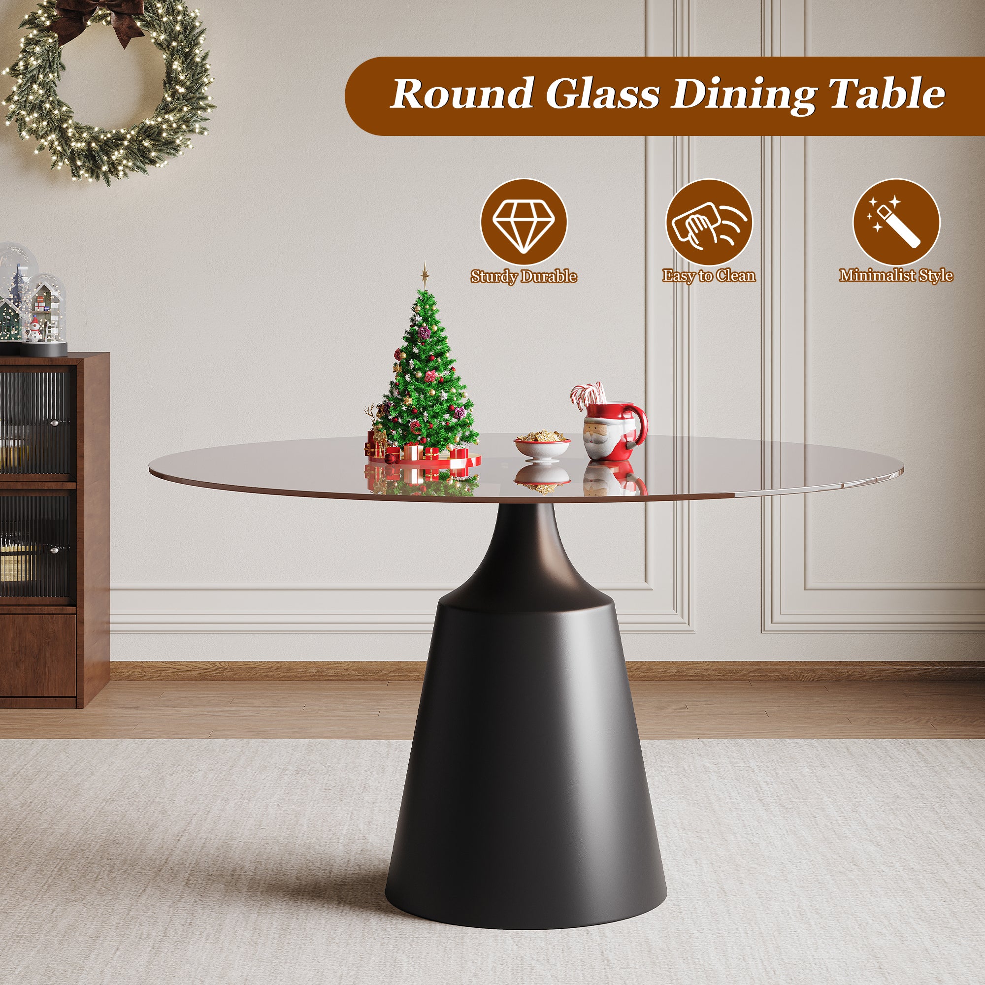 Feature graphic titled round glass dining table with sturdy, easy-clean and minimalist icons
