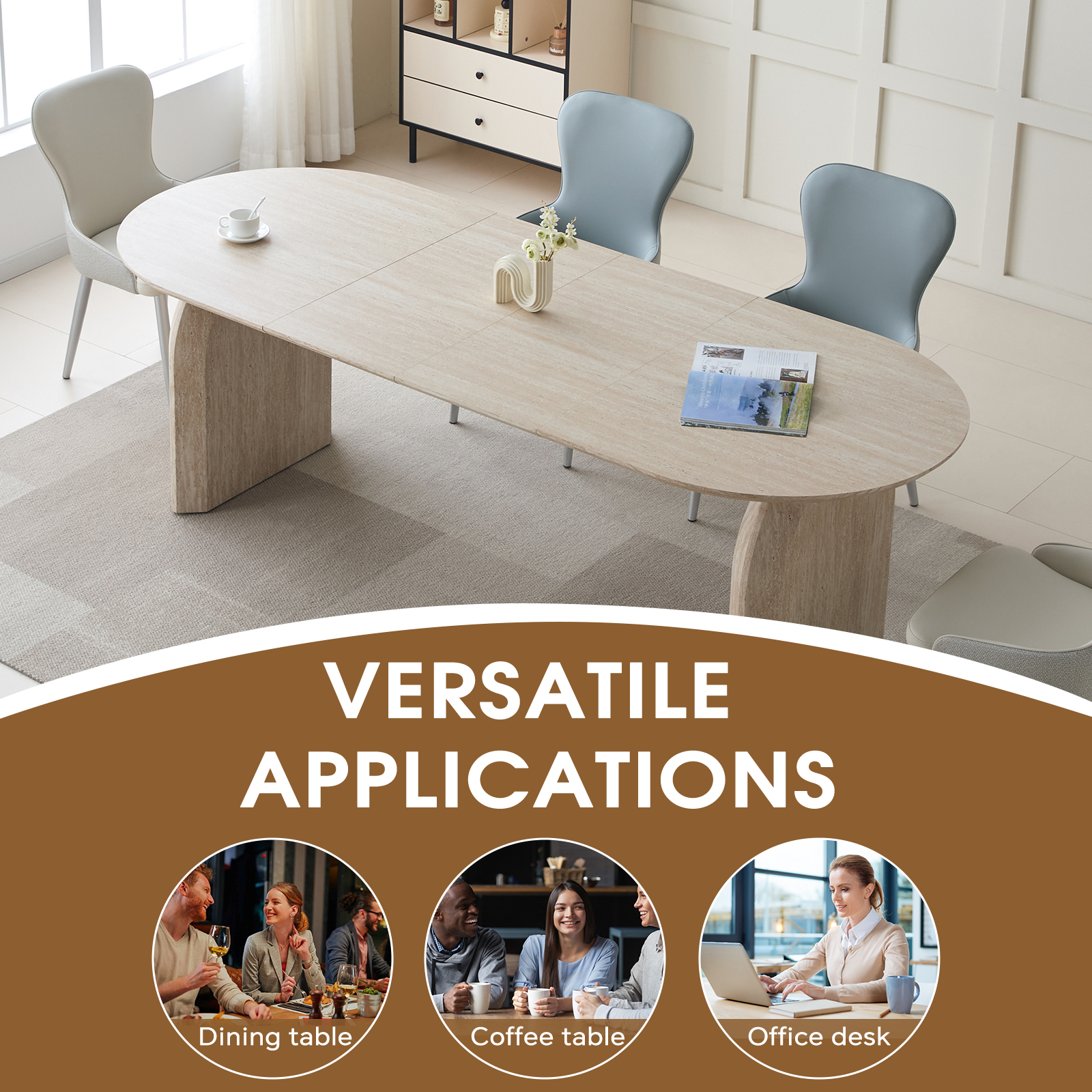 Versatile applications graphic showing the extended oval table with people using it