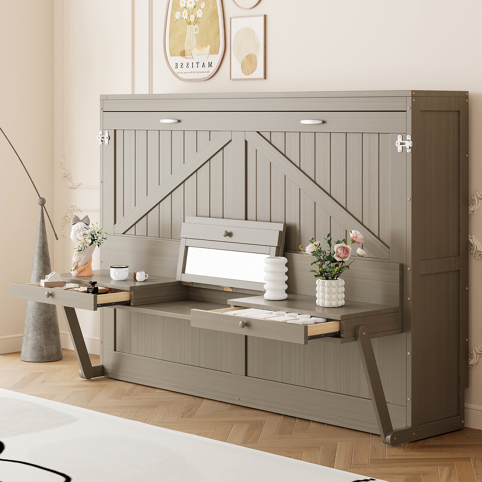 Queen Murphy Bed with Vanity Desk, Mirror & Side Drawers, Gray
