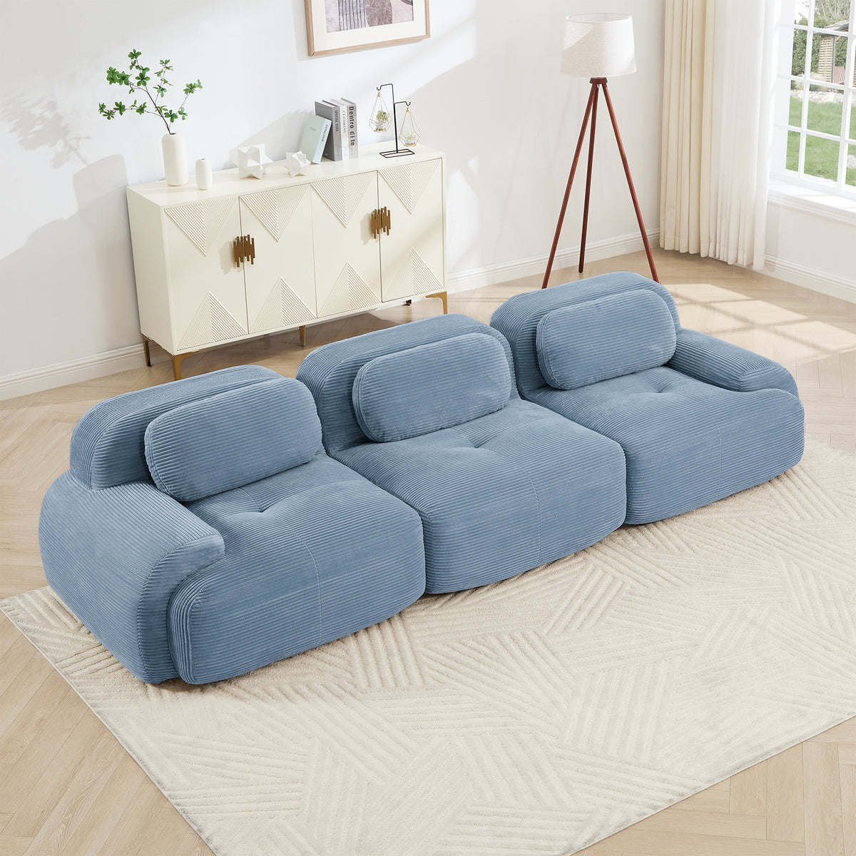 Blue Corduroy Modular 3-Seat Curved Sofa