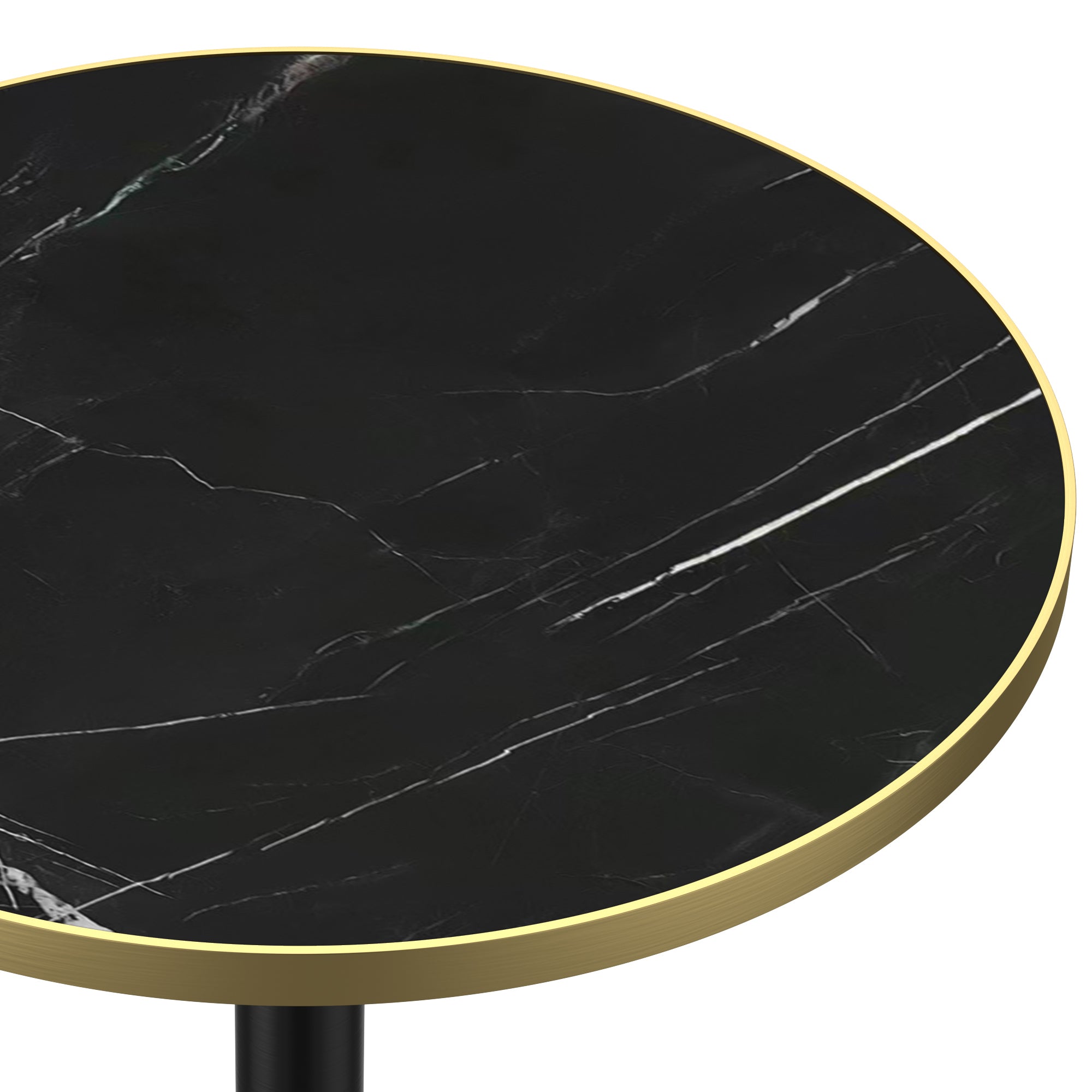 Close-up of the black sintered stone tabletop edge and thin gold trim
