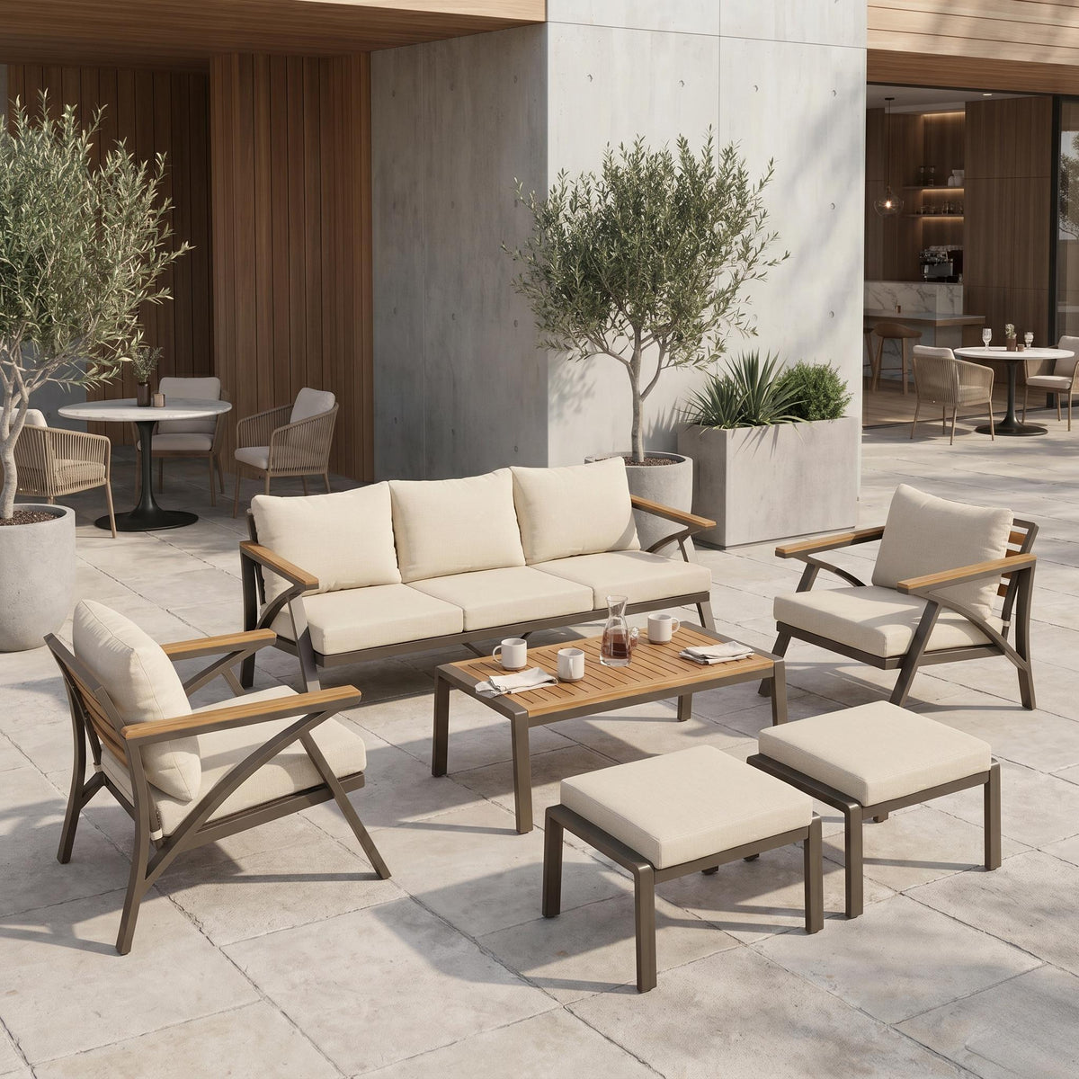 Brown Metal 6-Piece Outdoor Sofa Set for 5 with Cushions