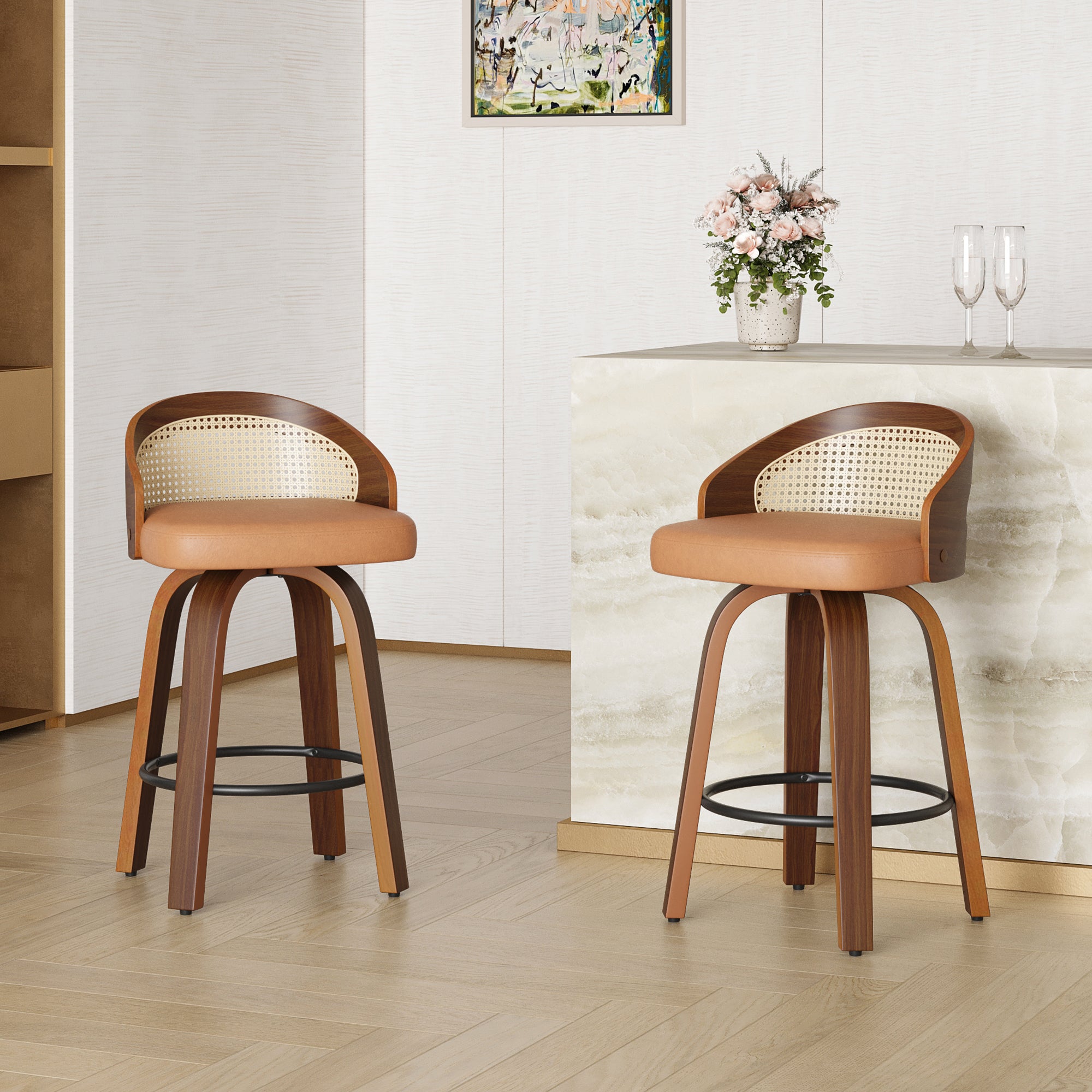 Counter Stool Set of 2, Camel Vegan Leather, Rattan Back Swivel