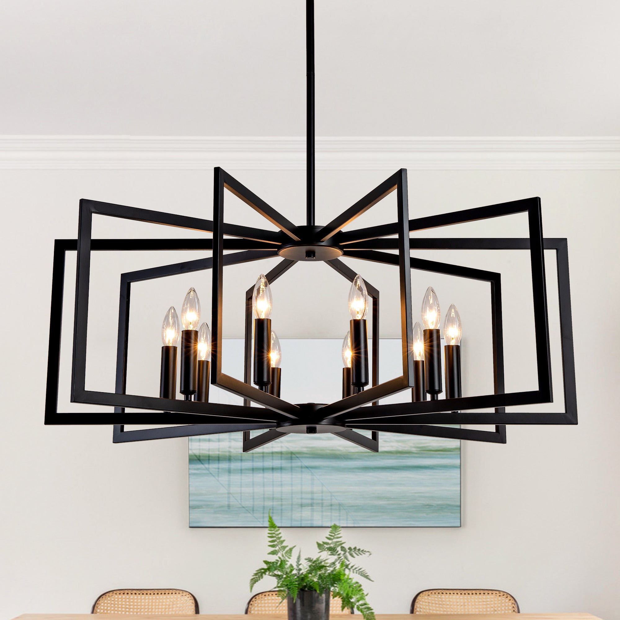 Tiered Lantern Chandelier, 10-Light Industrial Metal, Matte Black