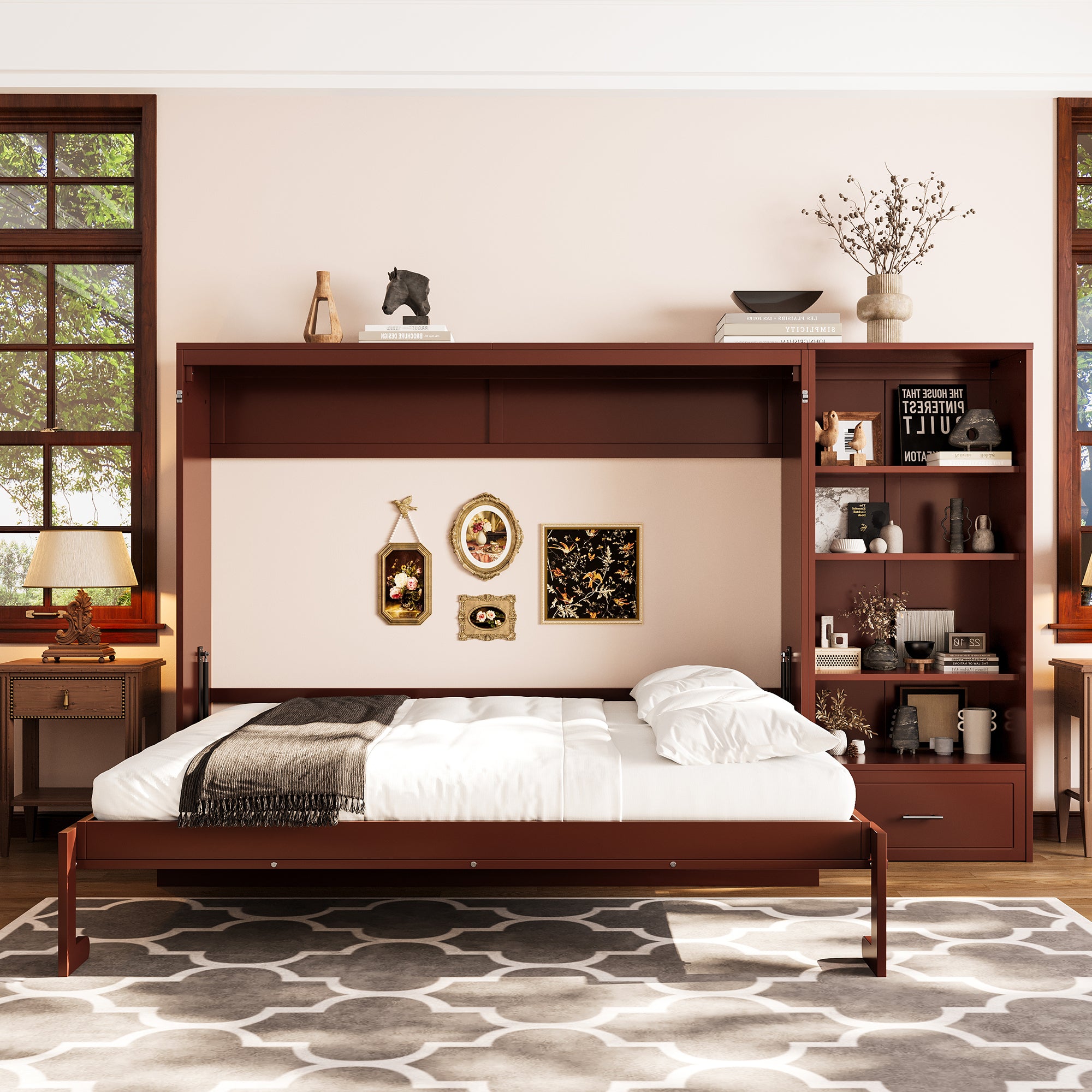 Walnut Murphy Bed with Adjustable Shelves and Drawer