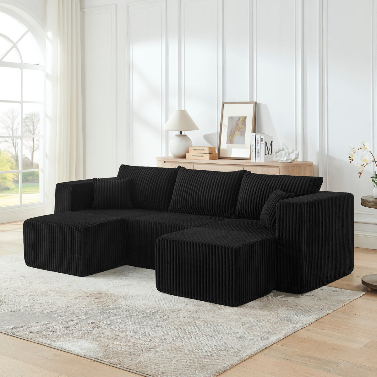 Black Corduroy Modular Sectional Couch with 2 Ottomans, No Assembly