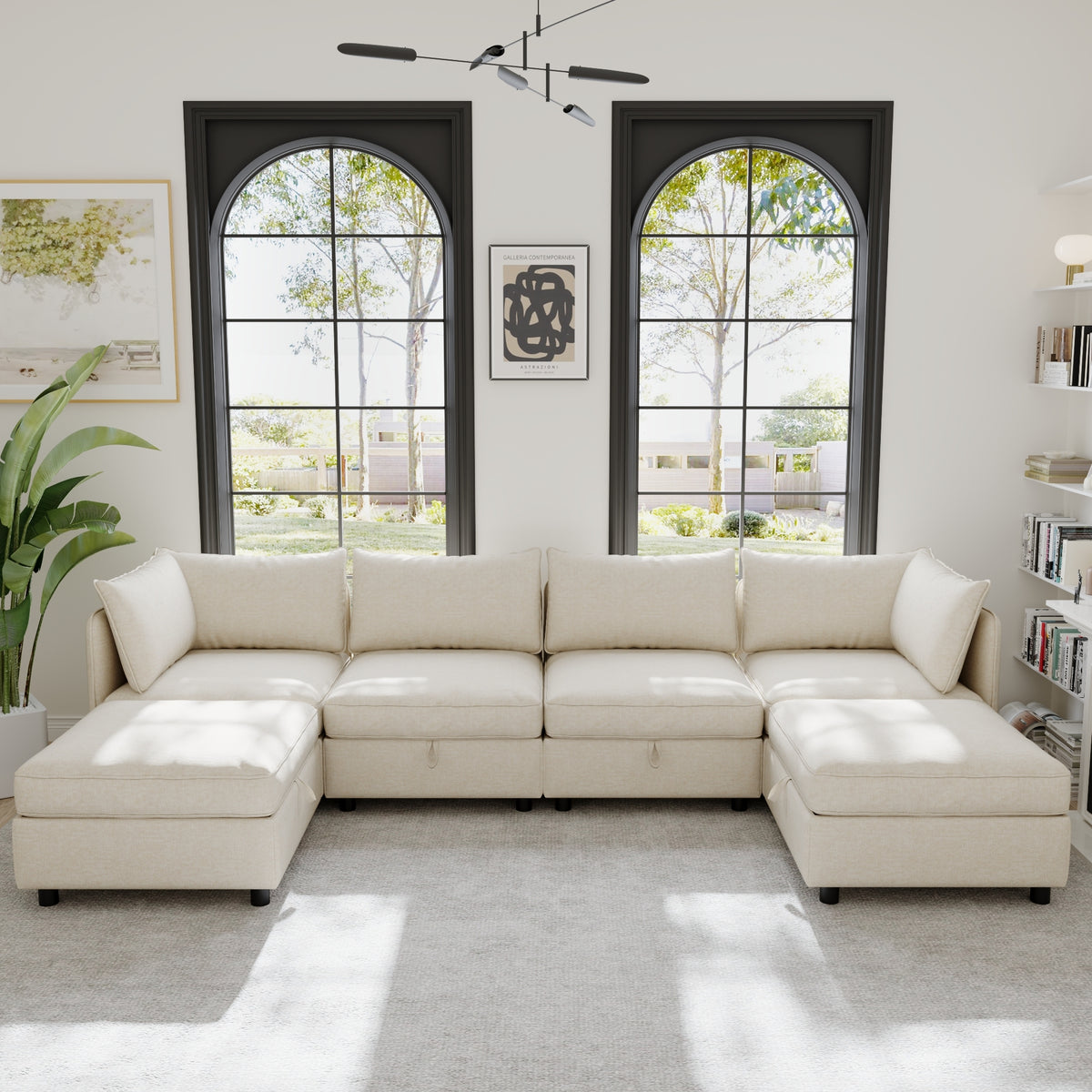 Beige Chenille Modular Sleeper Sectional with Storage and 2 Ottomans