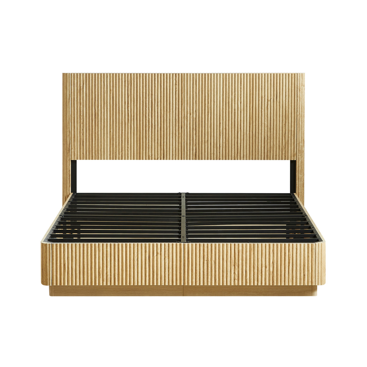 Studio front view of light oak fluted queen bed frame with bare black metal slats, no mattress