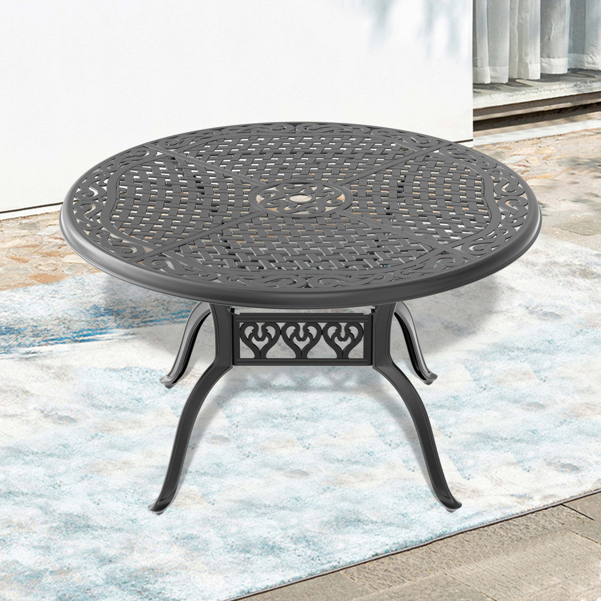 Black Aluminum Round Outdoor Dining Table with Umbrella Hole, 48 in Wide