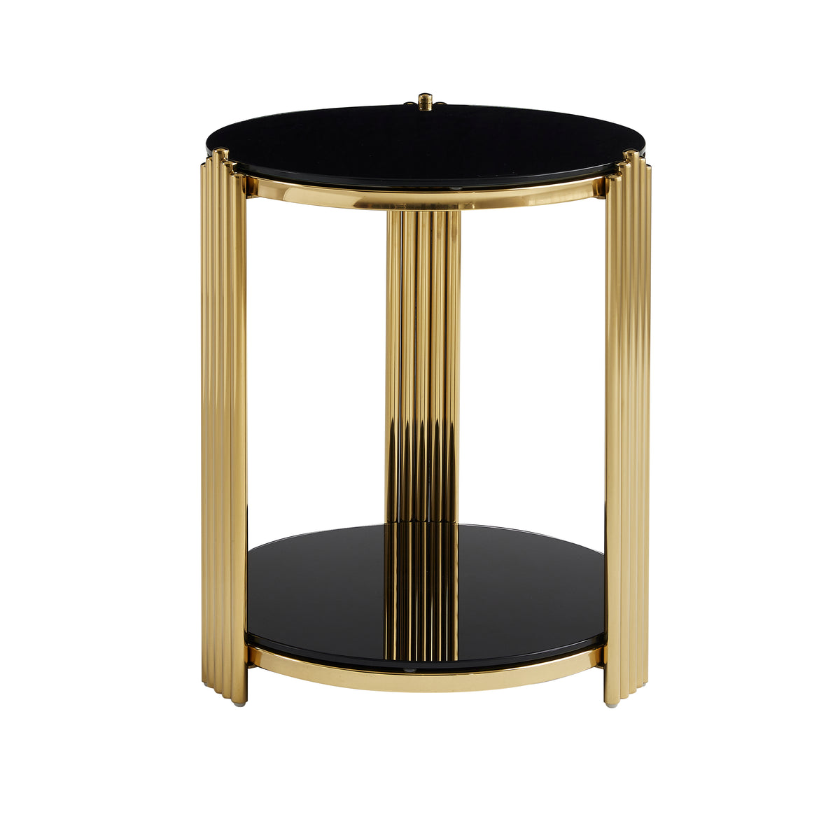 Black Glass Top Round Side Table with Storage, 16.9 in