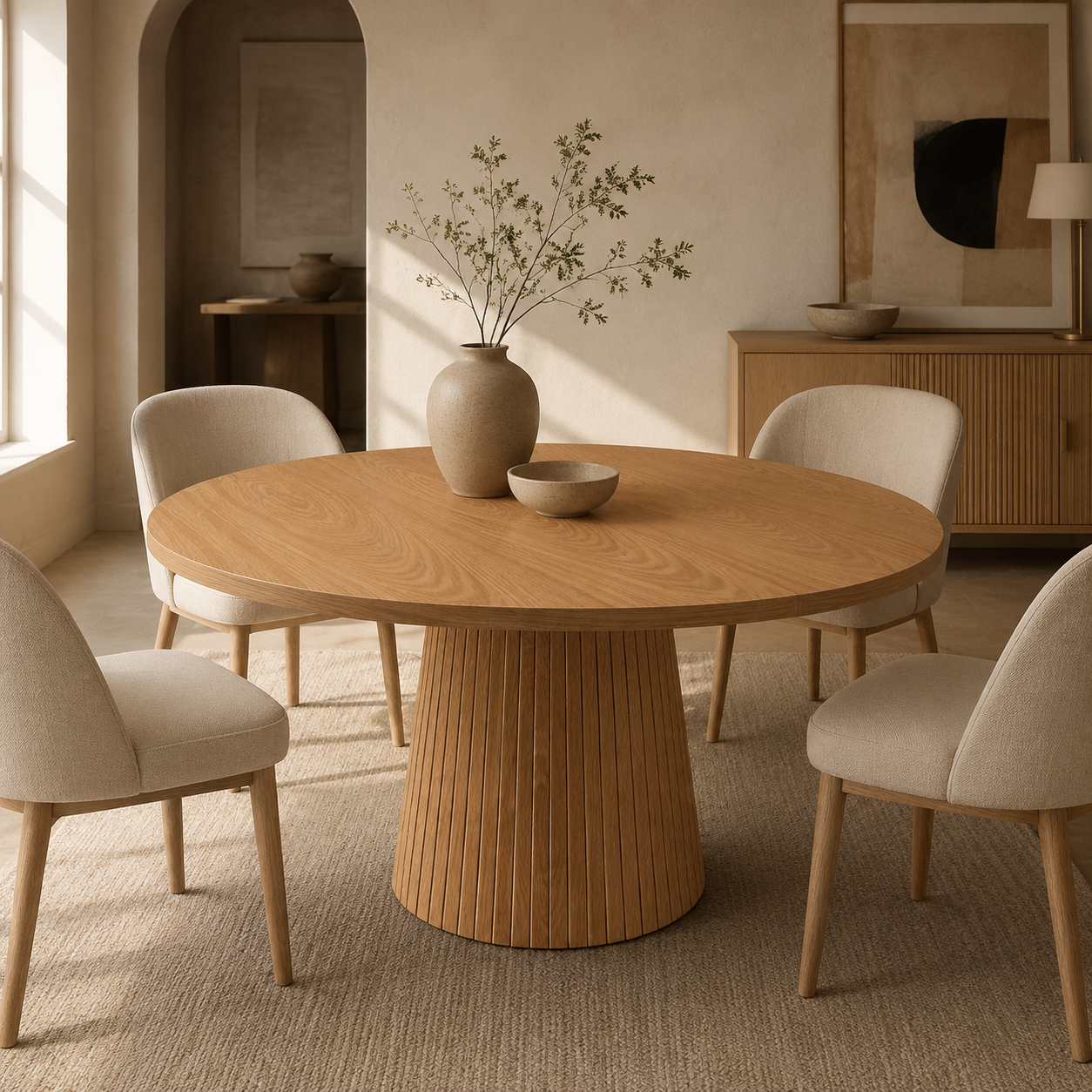 Round Farmhouse Dining Table for 4, Oak Finish - 47 Inch