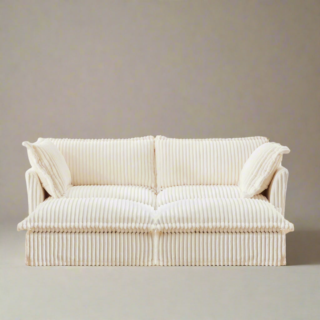 Fluffy Corduroy 2-Seat Sofa – Cream with 2 Ottomans, Washable