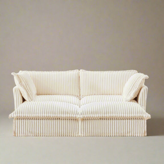 Fluffy Corduroy 2-Seat Sofa – Cream with 2 Ottomans, Washable