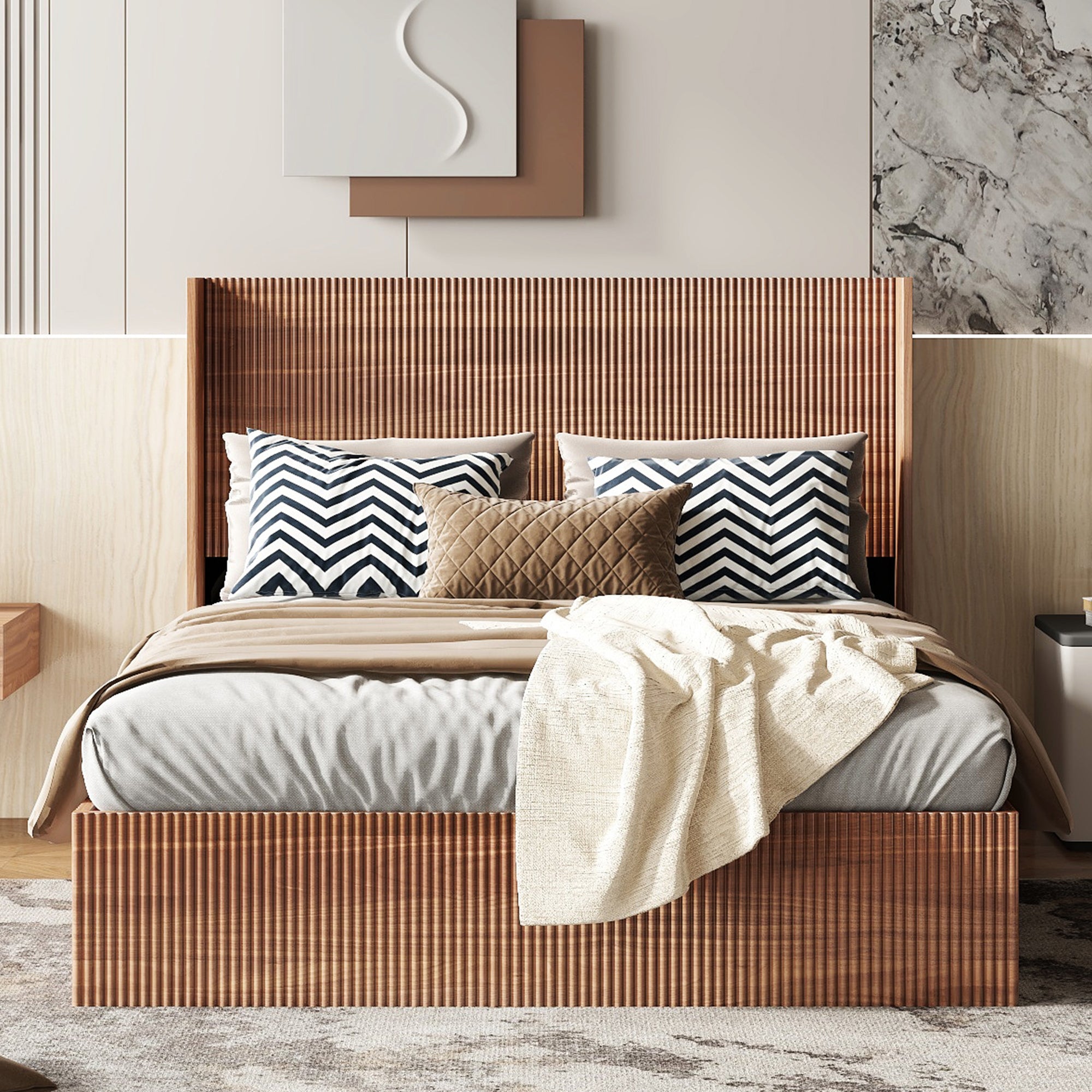 Natural wood fluted storage bed frame queen with a wingback headboard, styled modern bedroom with chevron pillows