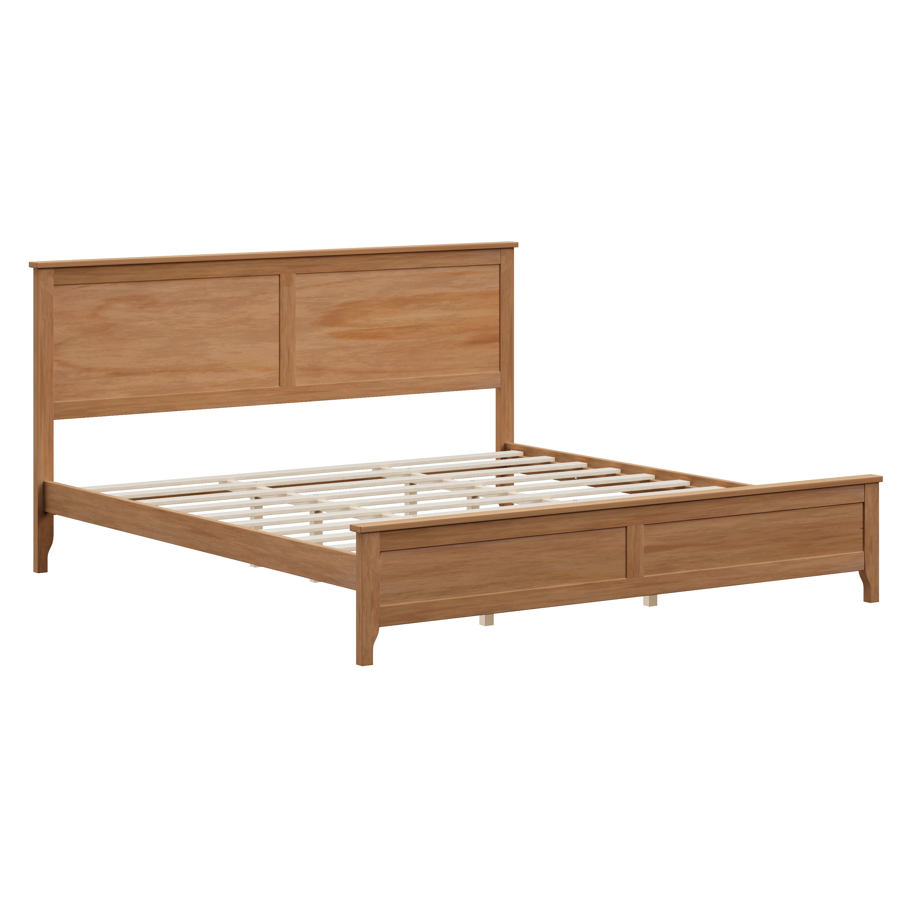 Seadrift finish solid wood king bed frame, angled view showing paneled headboard