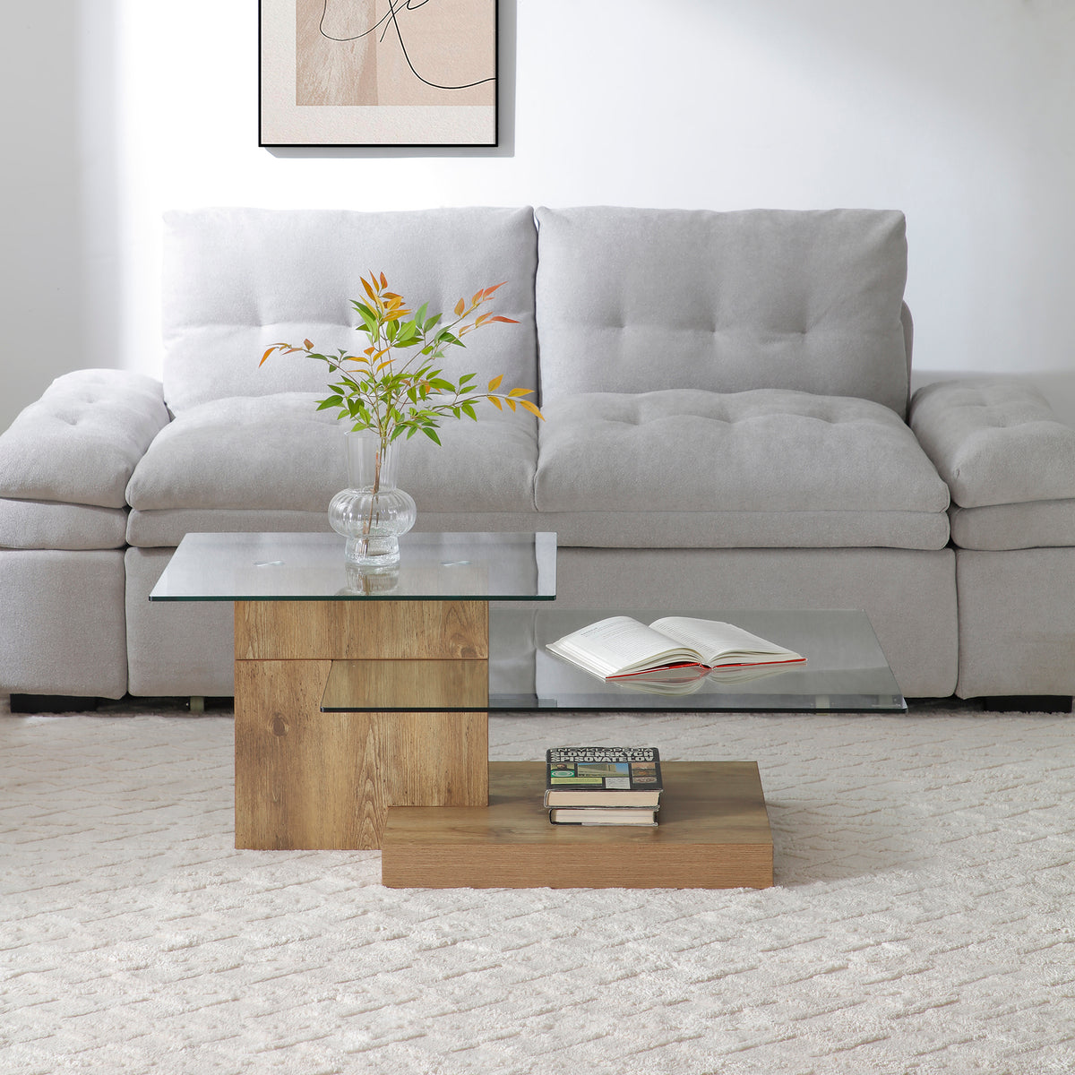 Natural Glass Top Rectangular Coffee Table with Storage, 43.7 in