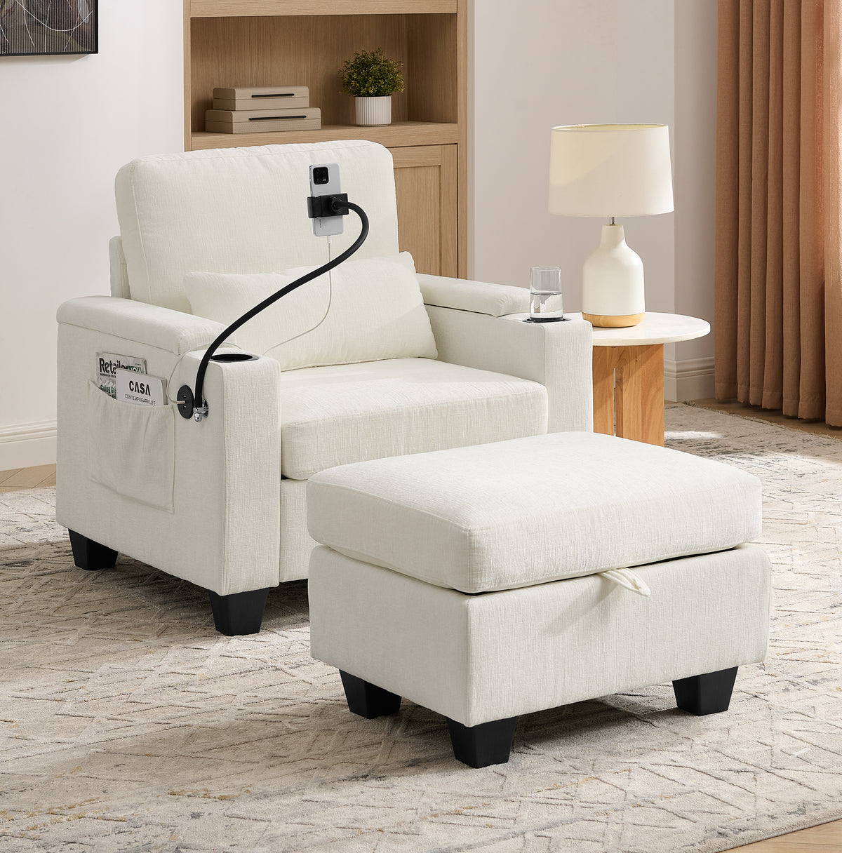 Beige Chenille Recliner, USB Charging, Single Seat