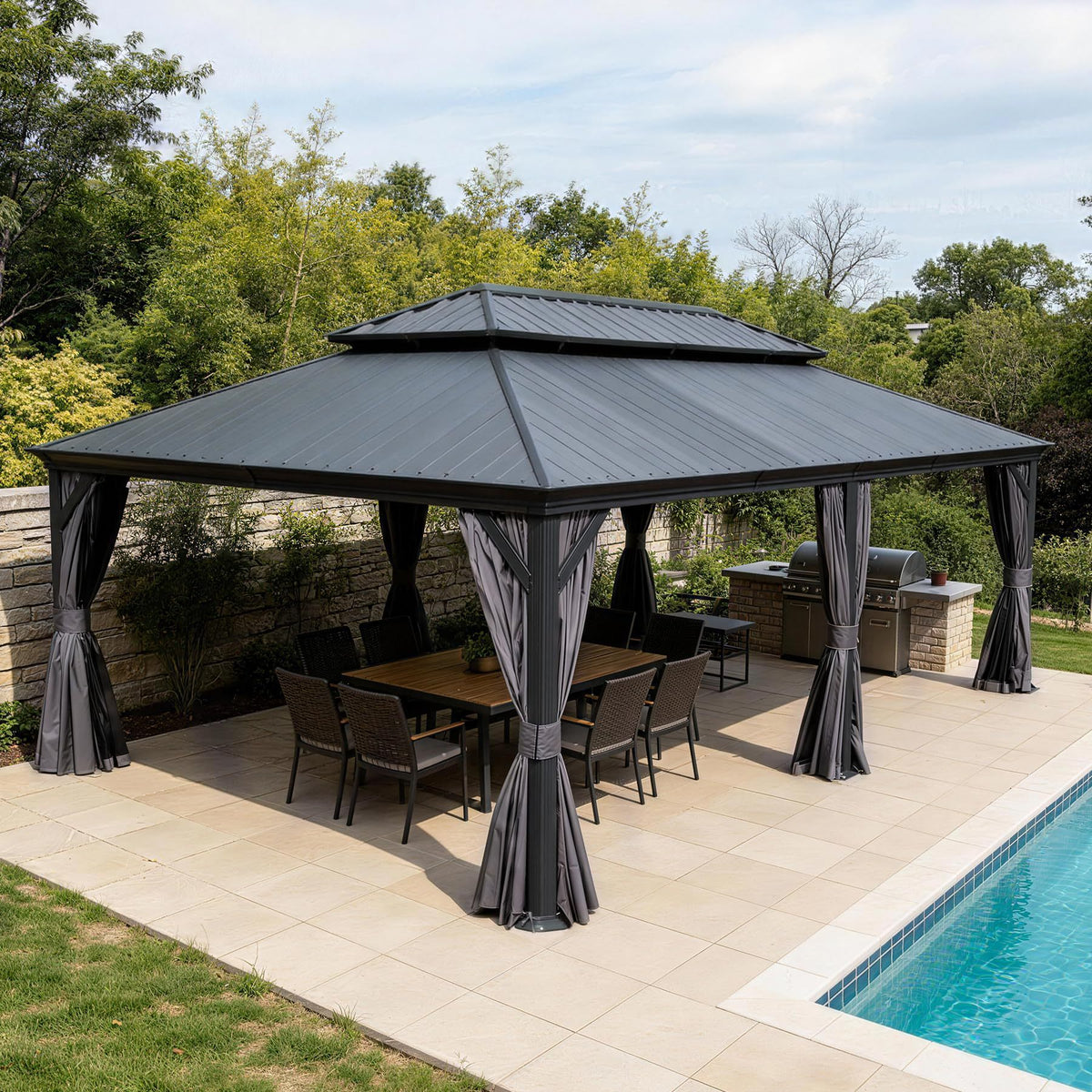 14x24 ft Dark Gray Metal Hardtop Gazebo with Netting and Curtains